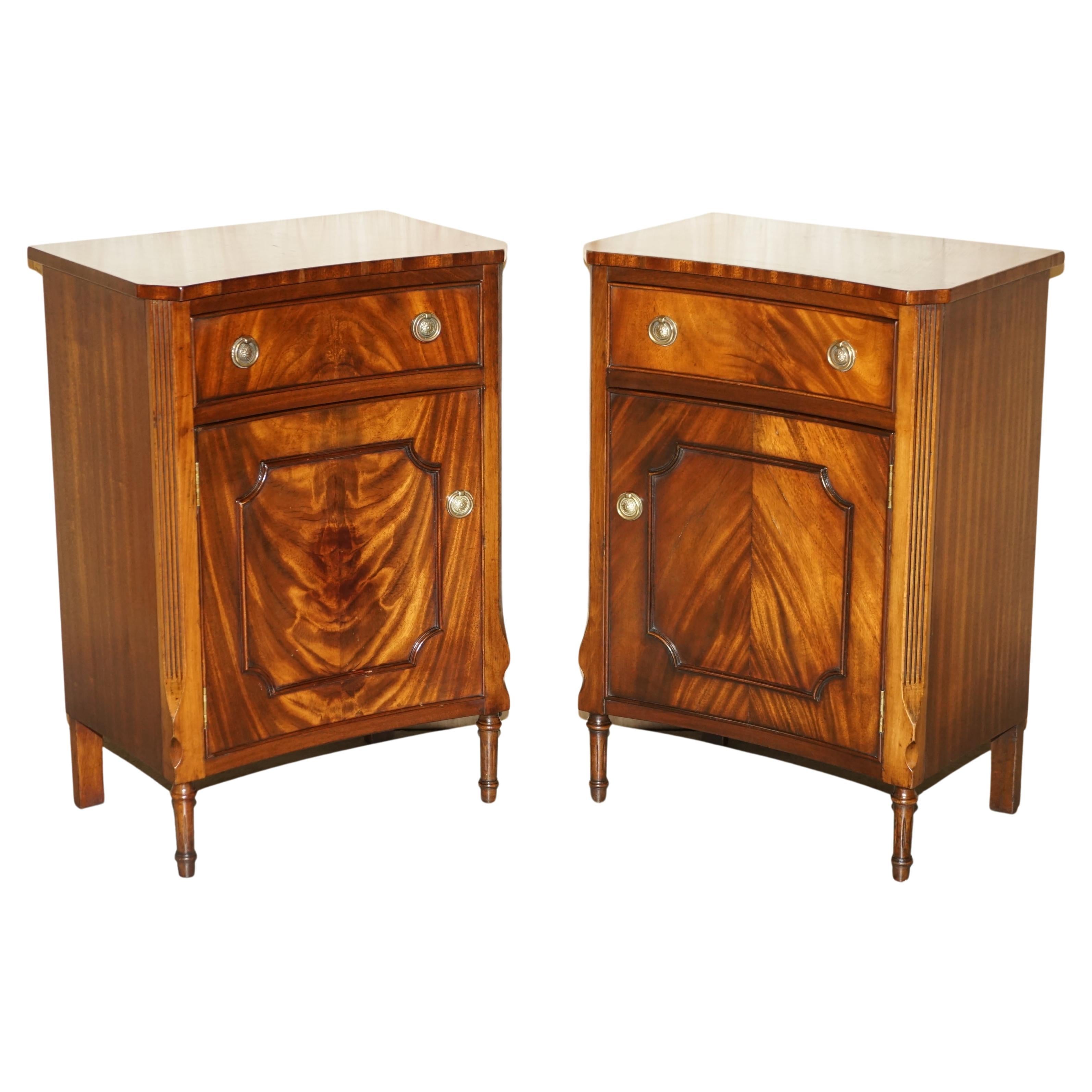 Stunning Pair of Vintage Bow Fronted Flamed Hardwood Side End Table Cupbards For Sale