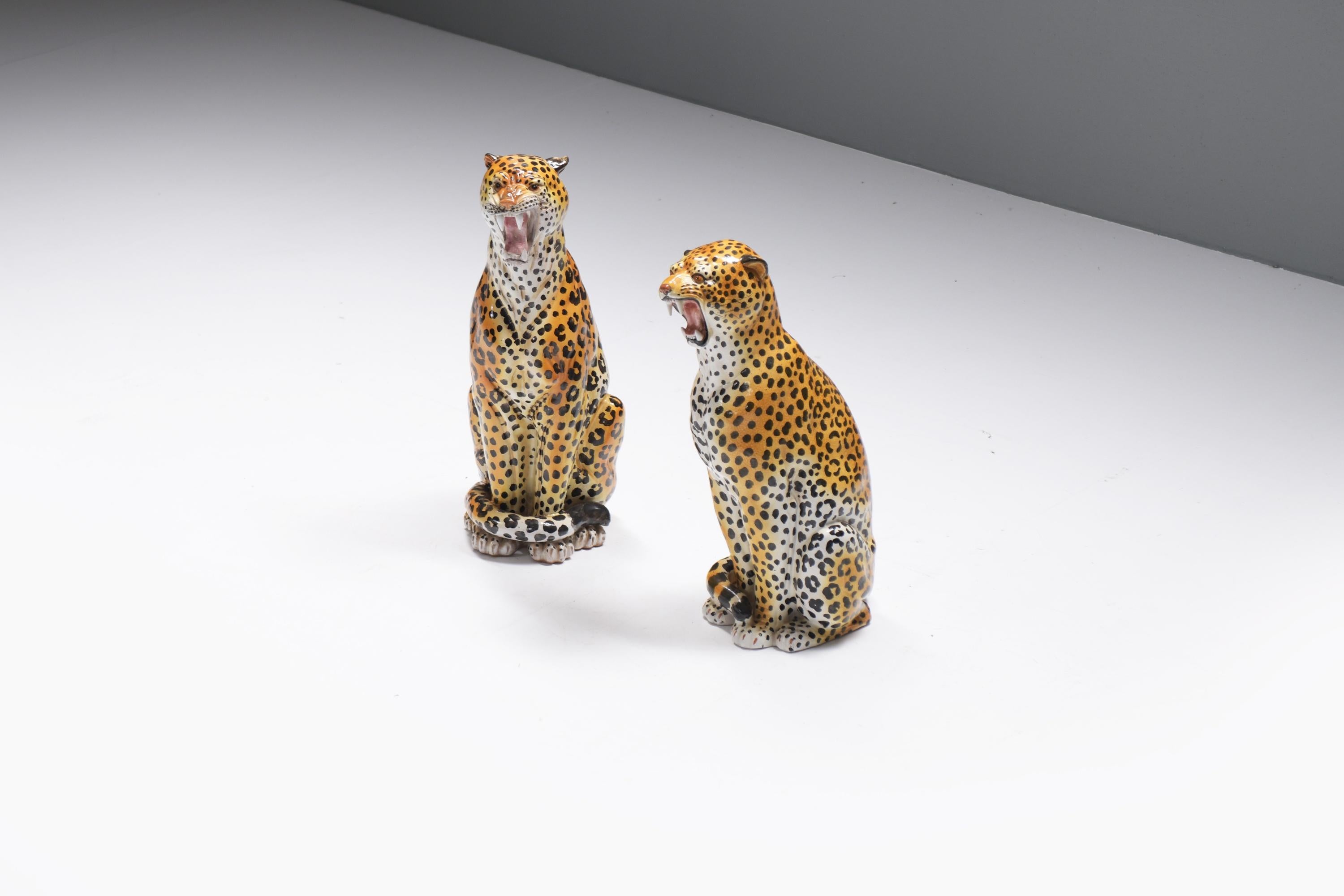 Stunning pair of vintage ceramic leopards sculptures made in Italy 1960s For Sale 8