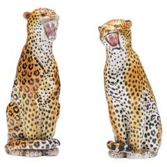 Stunning pair of vintage ceramic leopards sculptures made in Italy 1960s