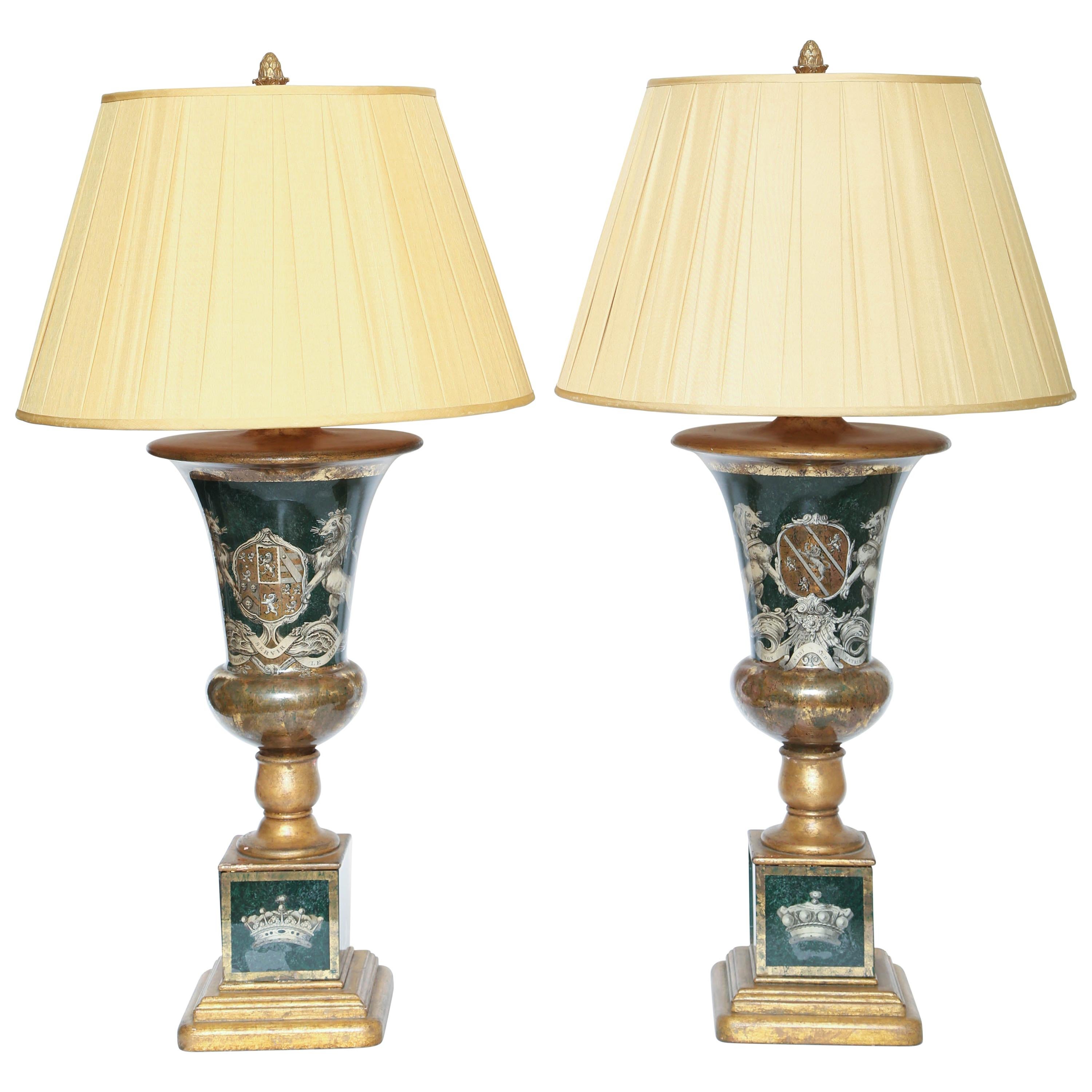 Stunning Pair of Vintage Decalcomania Armorial Lamps For Sale