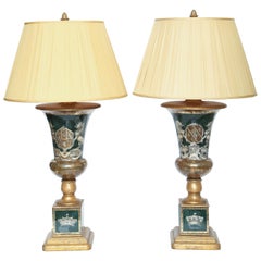 Stunning Pair of Antique Decalcomania Armorial Lamps