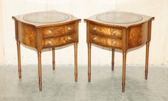 STUNNING PAIR OF VINTAGE FLAMED HARDWOOD GREEN LEATHER BEVAN FUNNELL SiDE TABLES