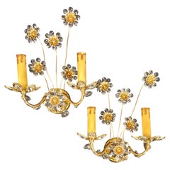 Superbe paire d'appliques vintage à 2 lumières en forme de fleur en cristal "Palwa" plaqué or