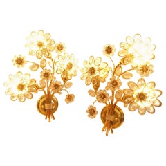 Stunning Pair of Vintage Gold-Plated "Palwa" Crystal Flower Sconces