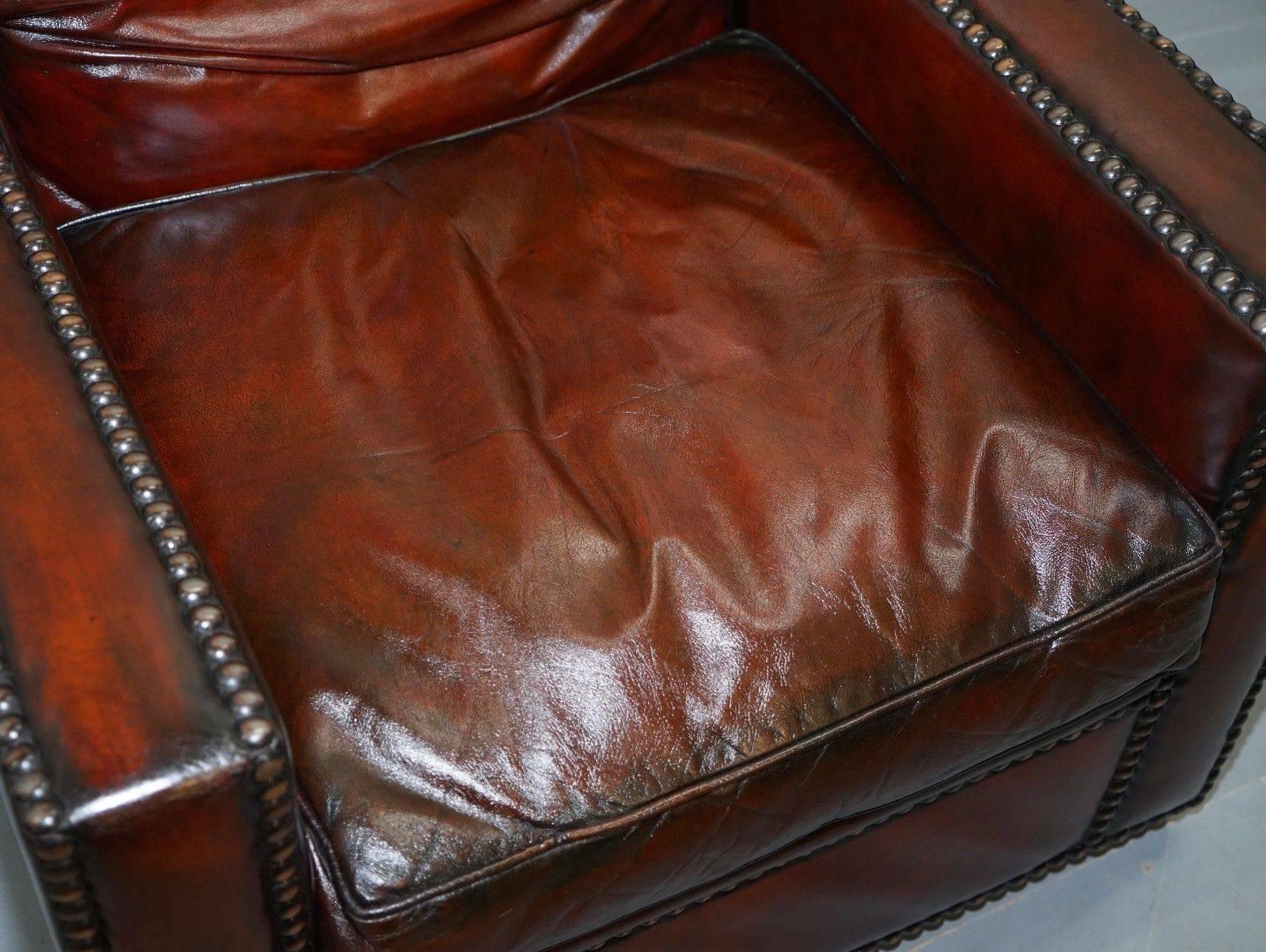 Stunning Pair of Vintage Made in Chelsea Bordeaux Leather Armchair Part of Suite 1