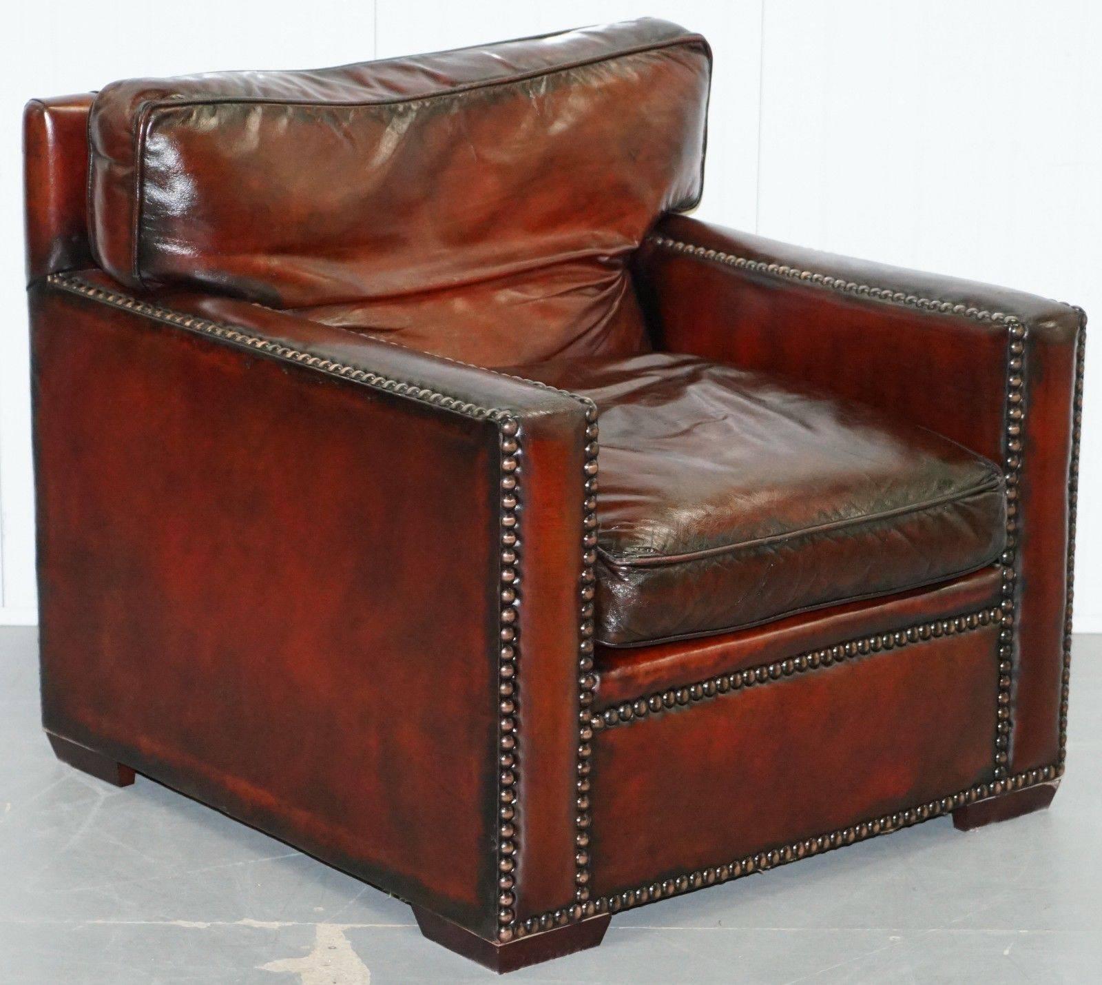 Stunning Pair of Vintage Made in Chelsea Bordeaux Leather Armchair Part of Suite 2