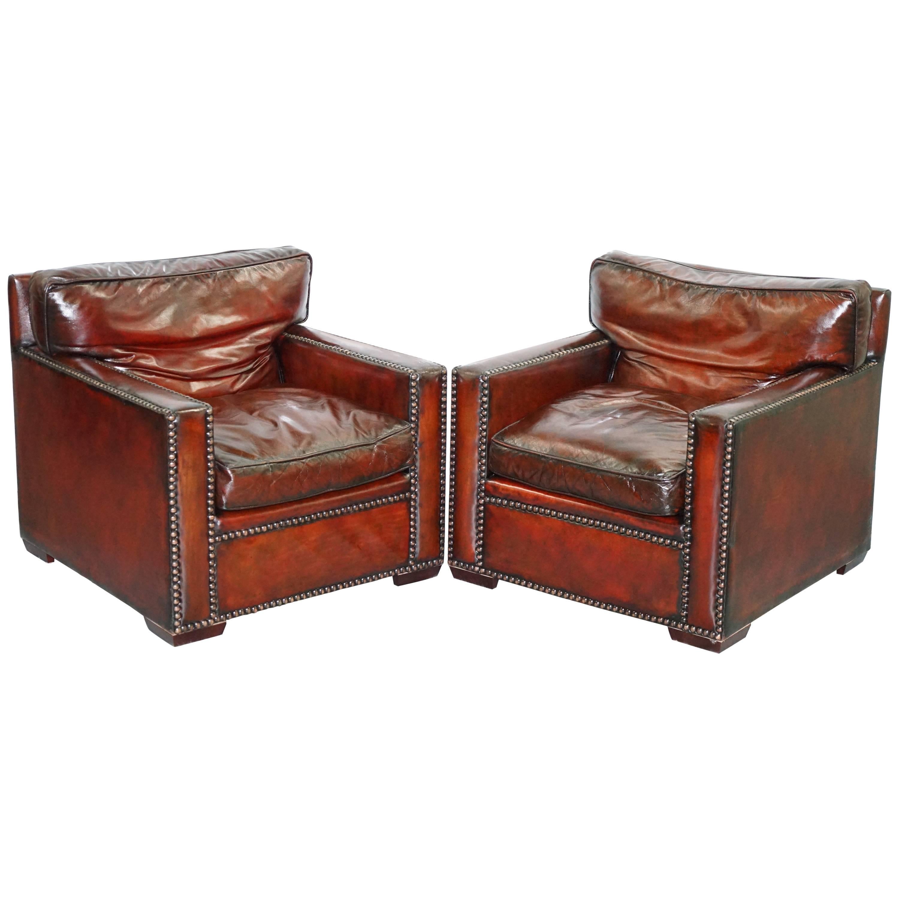 Stunning Pair of Vintage Made in Chelsea Bordeaux Leather Armchair Part of Suite