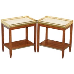 Stunning Pair of Vintage Marble Topped, Brass Gallery Side Tables in Mahogany