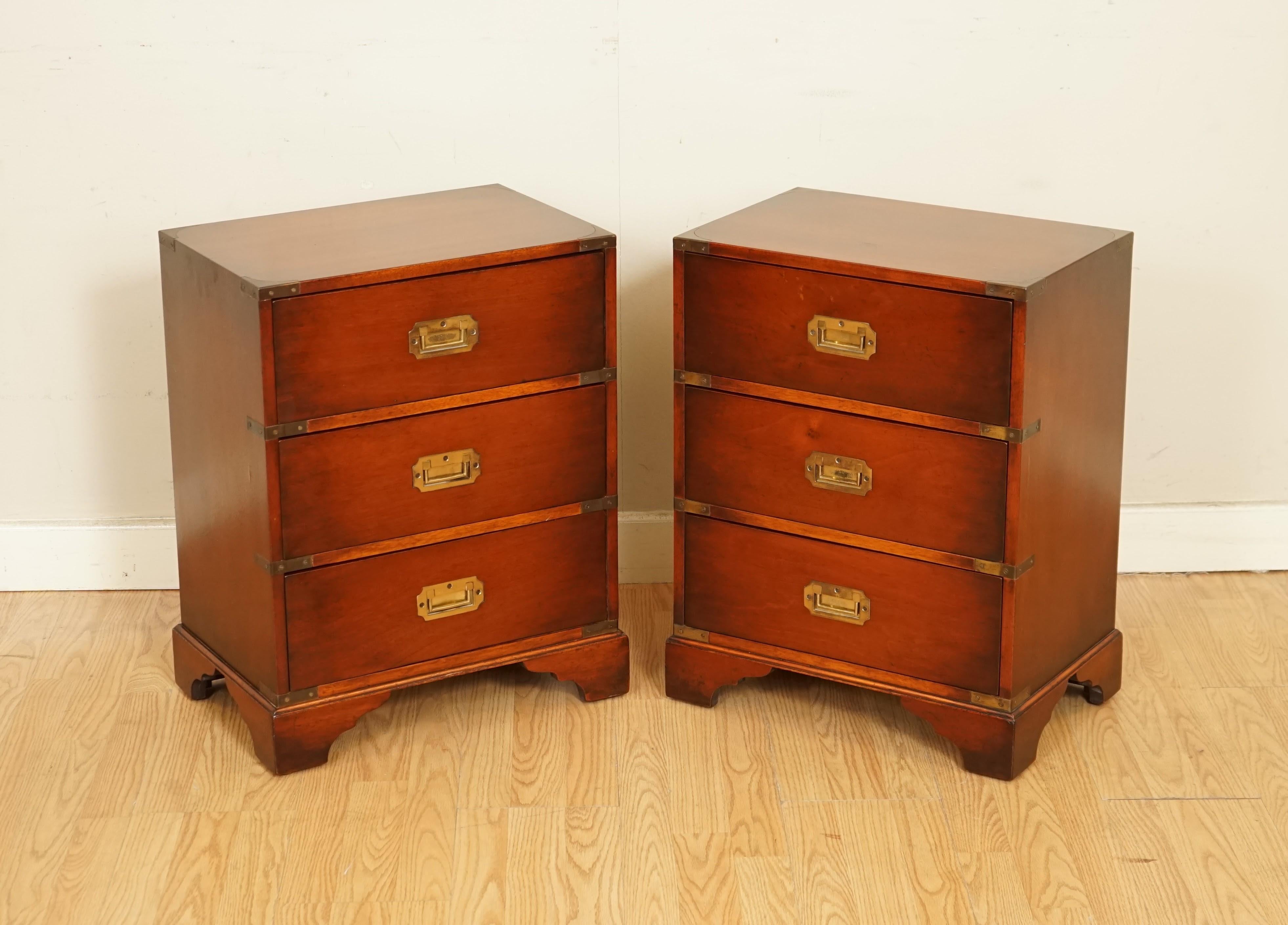 We are so excited to present to you this Stunning Pair of Military Campaign Bedside Tables.

Each table feautres 3 drawers with vintage brass handles on each drawer.

All the brass is naturally aged and untouched to give it the nice vintage look