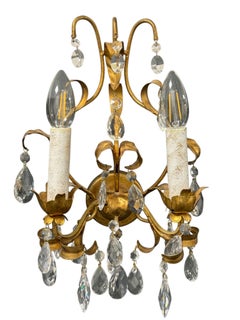 Stupefacente coppia di lampade a 2 luci in cristallo di Palwa e foglie dorate, Germania 1960