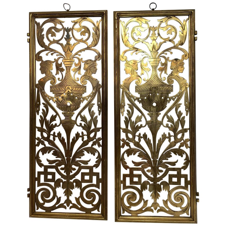 Stunning Pair of Vintage Pierced and Etched Brass Panels For Sale at