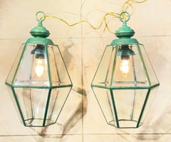 Stunning Pair of Vintage Solid Brass & Glass Geometric Hanging Lanterns