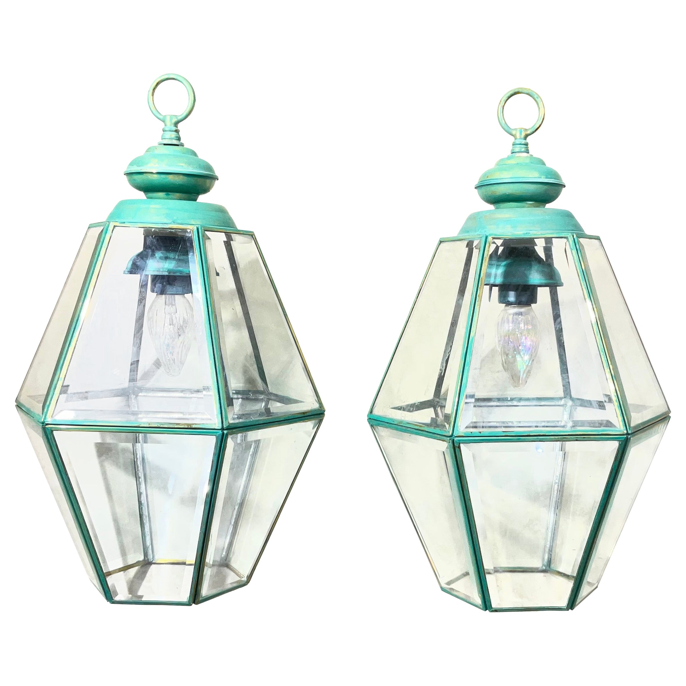 Stunning Pair of Vintage Solid Brass & Glass Geometric Hanging Lanterns For Sale