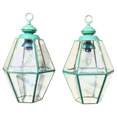 Stunning Pair of Vintage Solid Brass & Glass Geometric Hanging Lanterns