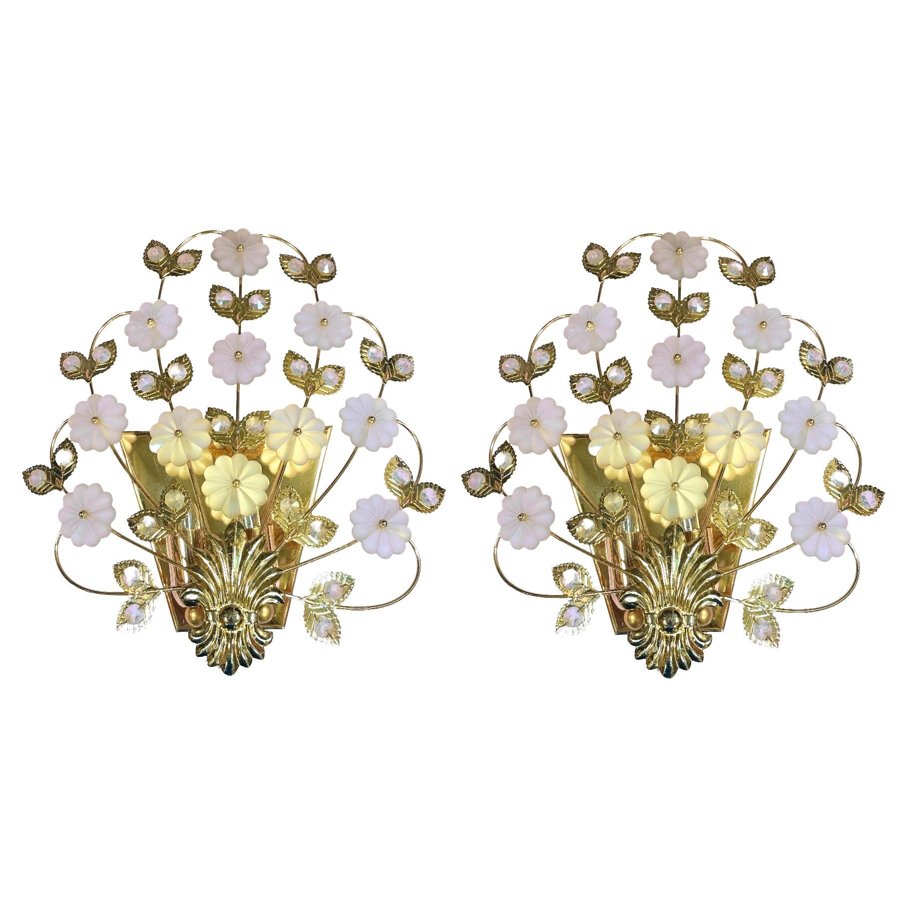 Stunning Pair of Vintage Two Light "Palwa" Crystal Flower Sconces, Germany 1970s For Sale