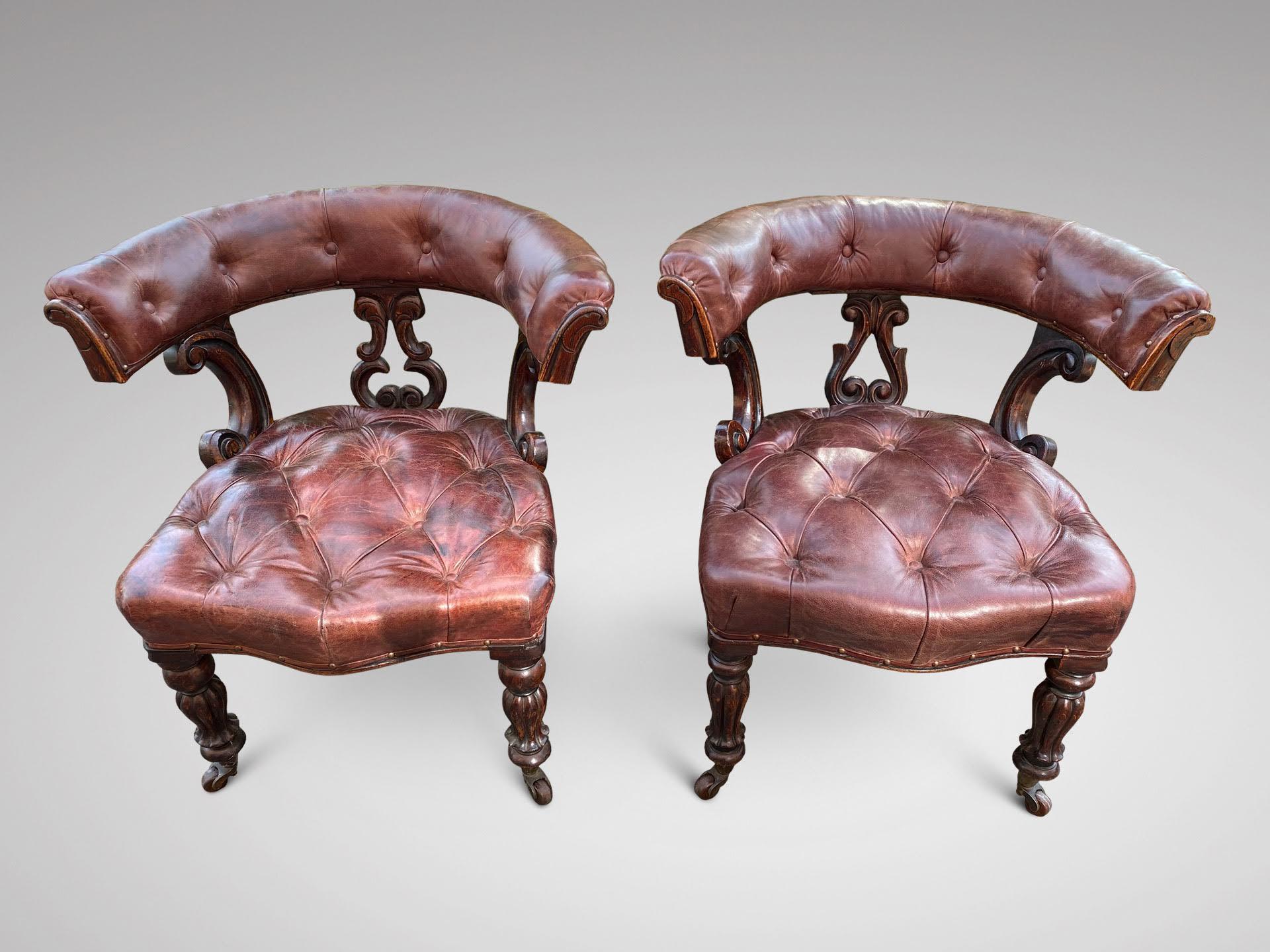 William IV Stunning Pair of William iv Period Leather and Mahogany Library Armchairs
