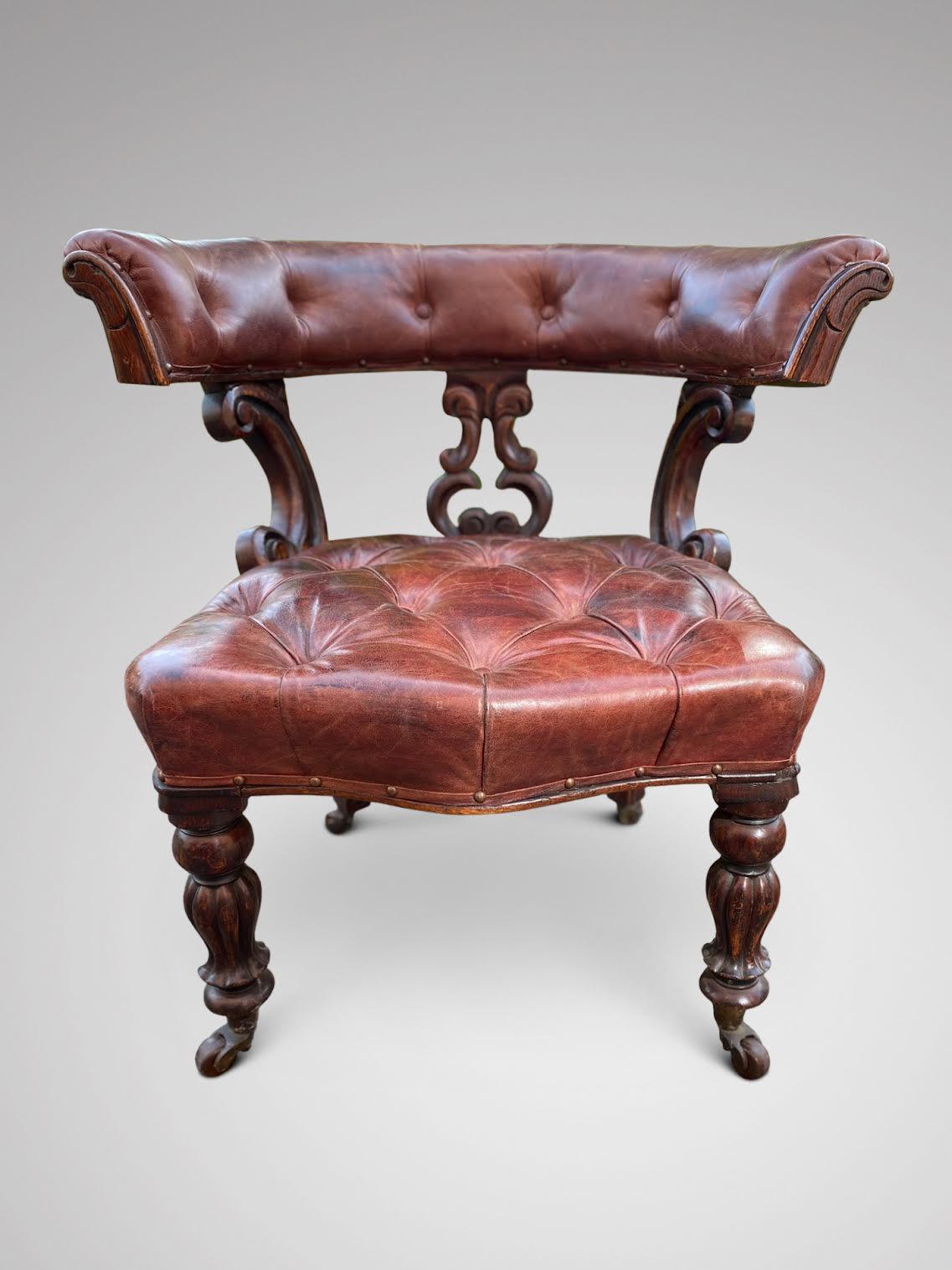 British Stunning Pair of William iv Period Leather and Mahogany Library Armchairs