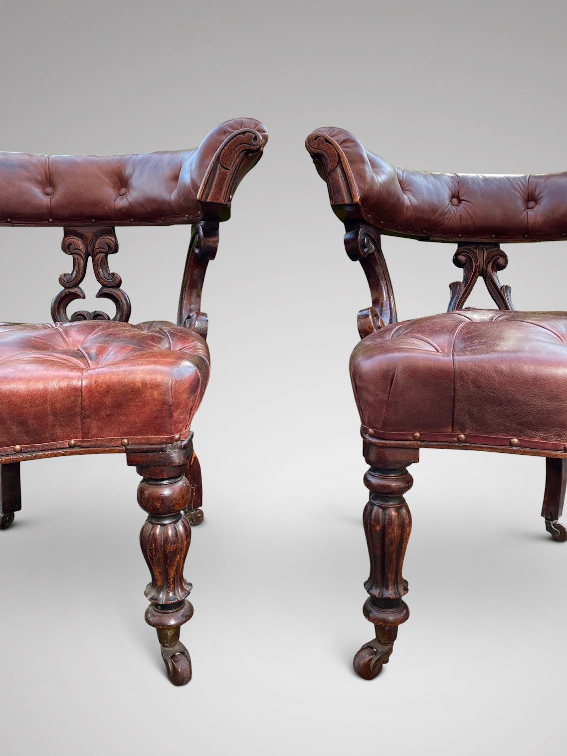 Stunning Pair of William iv Period Leather and Mahogany Library Armchairs 1