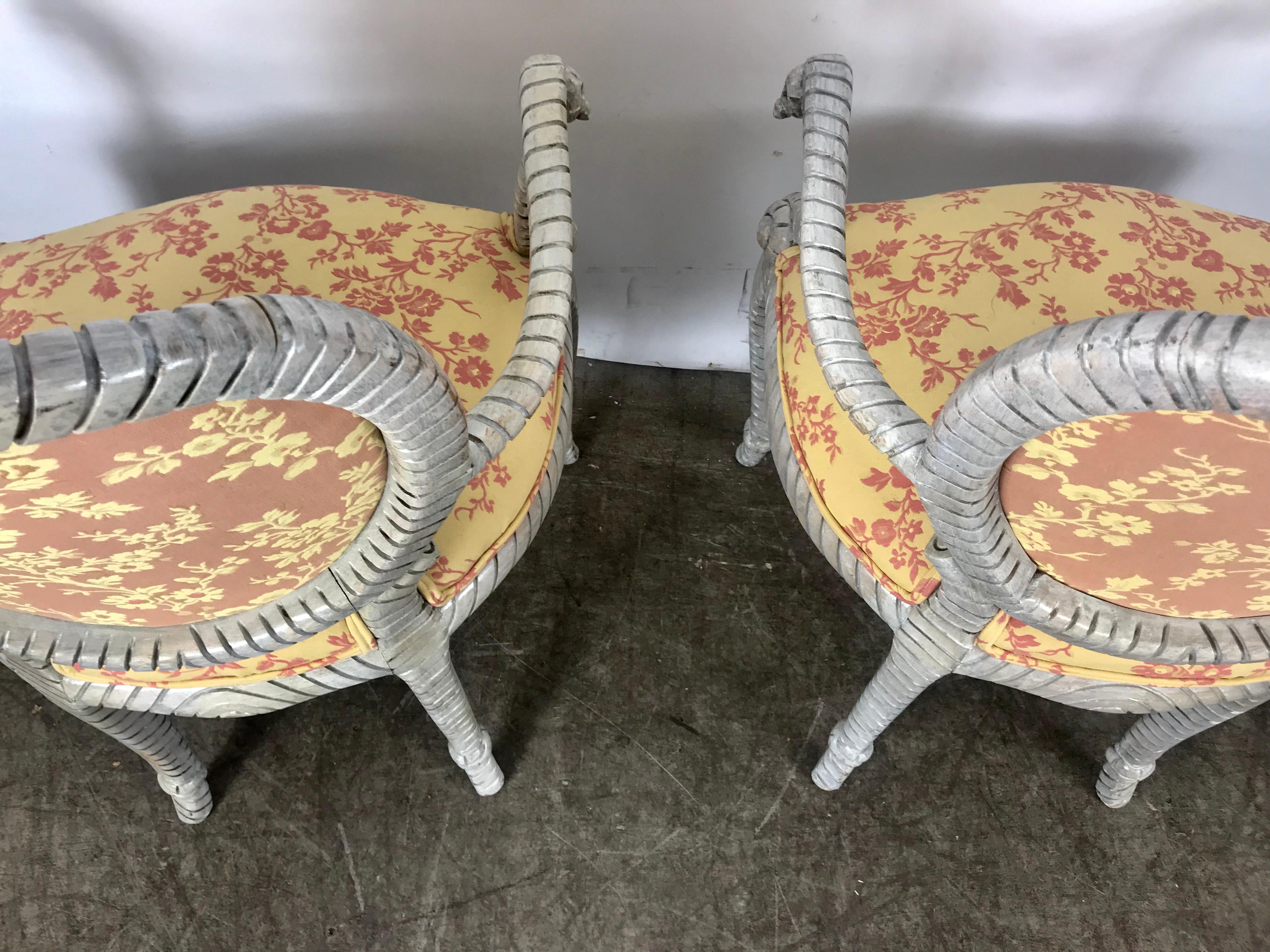 Stunning pair of rope and tassel Louis XVI style armchairs, faux bois... Recently reupholsterd, white washed carved wood.