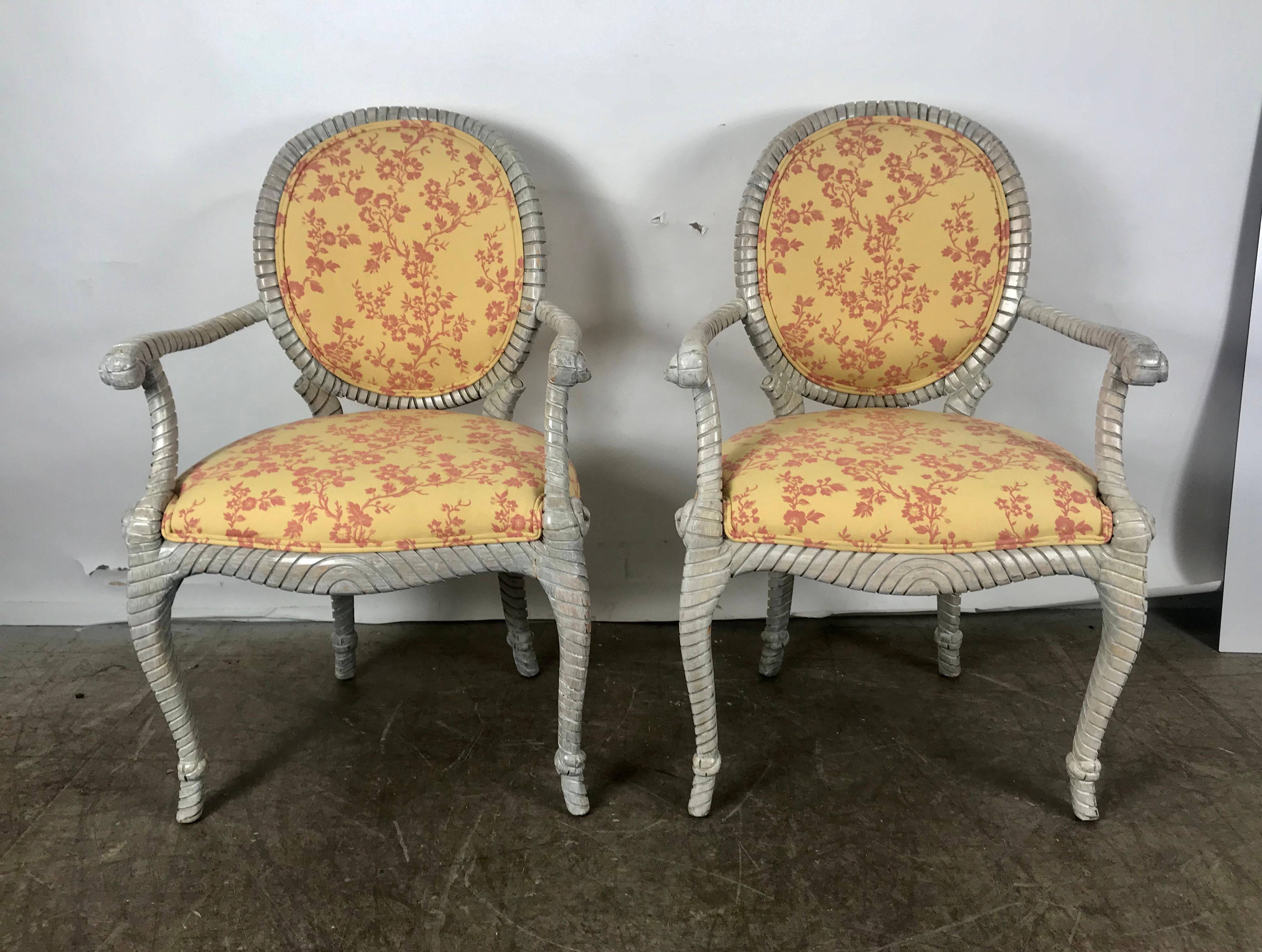 Hollywood Regency Stunning Pair of Rope and Tassel Louis XVI Style Armchairs, Faux Bois For Sale