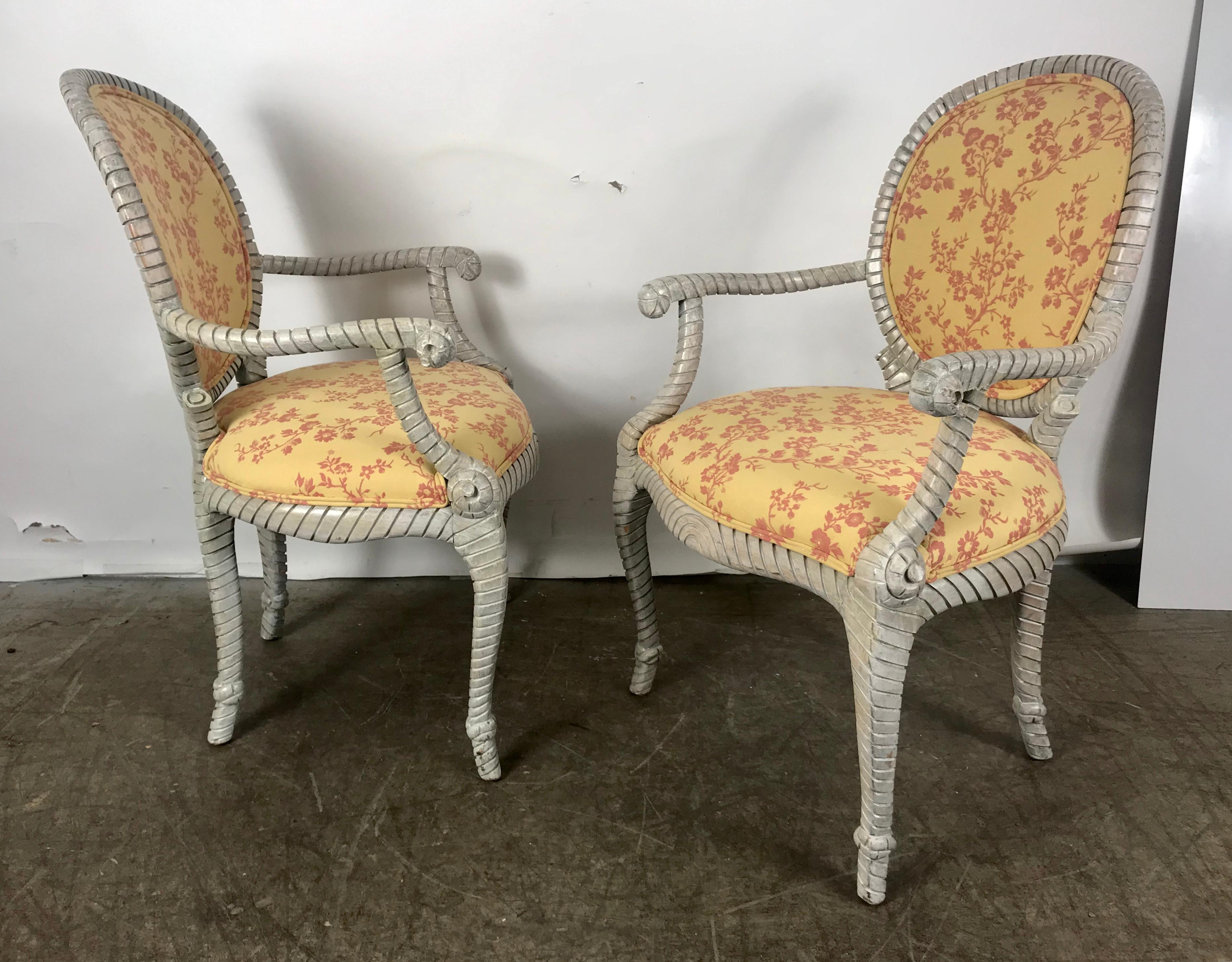 Late 20th Century Stunning Pair of Rope and Tassel Louis XVI Style Armchairs, Faux Bois For Sale