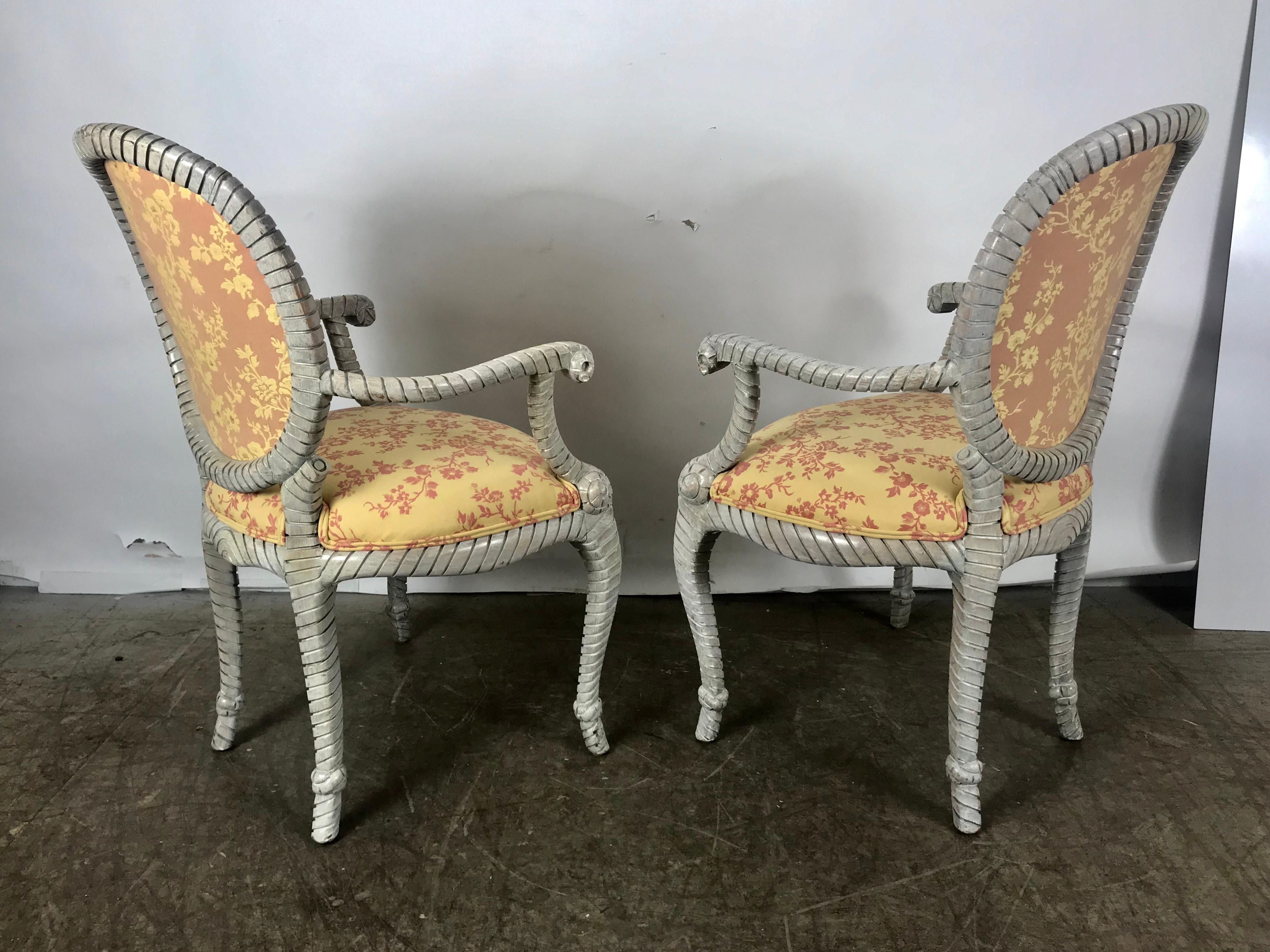 Stunning Pair of Rope and Tassel Louis XVI Style Armchairs, Faux Bois For Sale 1