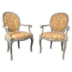 Stunning Pair of Rope and Tassel Louis XVI Style Armchairs, Faux Bois