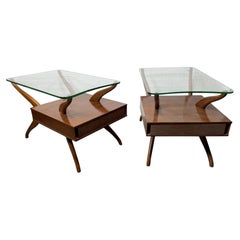 Stunning Pair sculptural walnut and glass tables attributed to Vladimir Kagan
