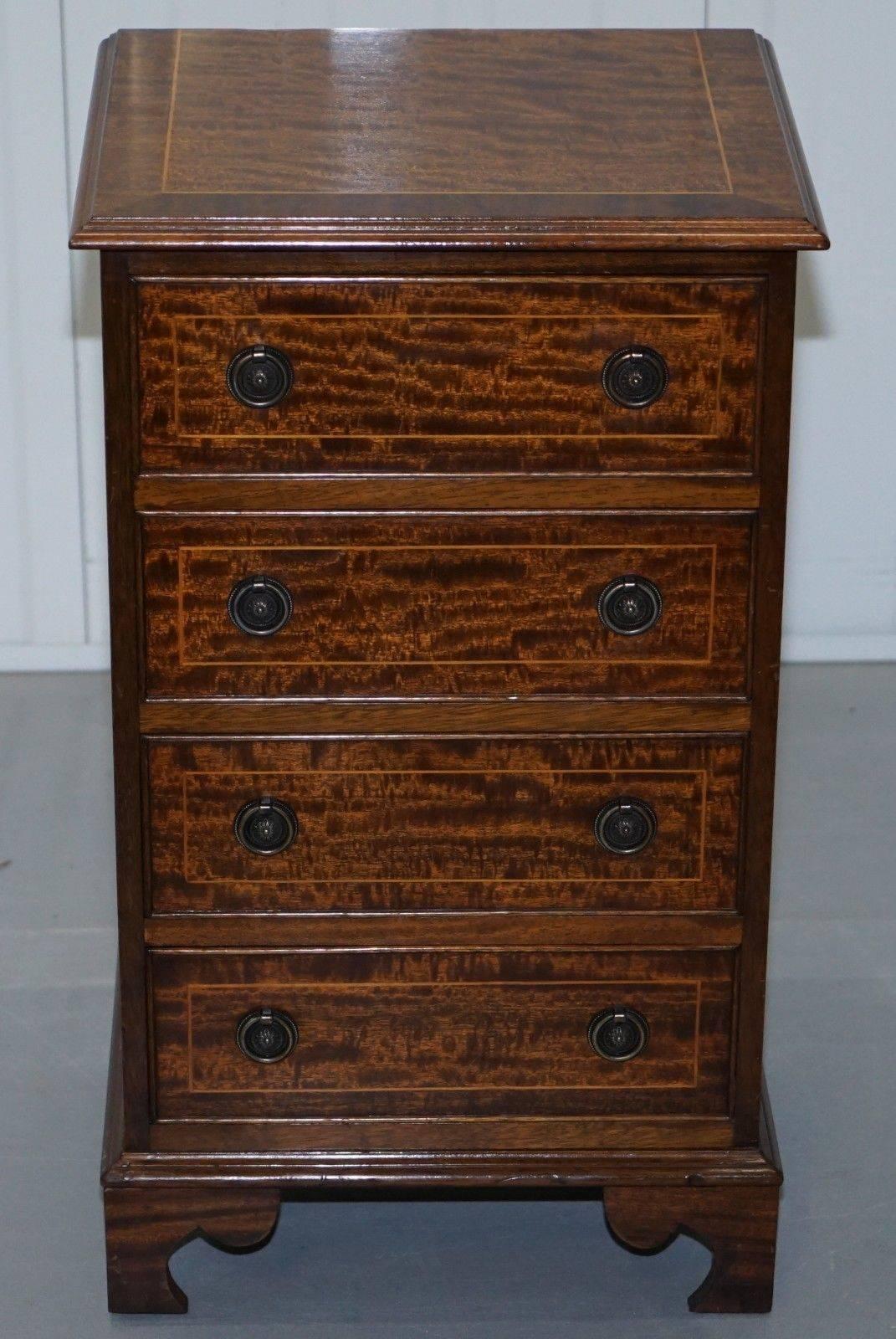 Regency Pair of Vintage English Flamed Mahogany Side Lamp End Bed Table Drawers