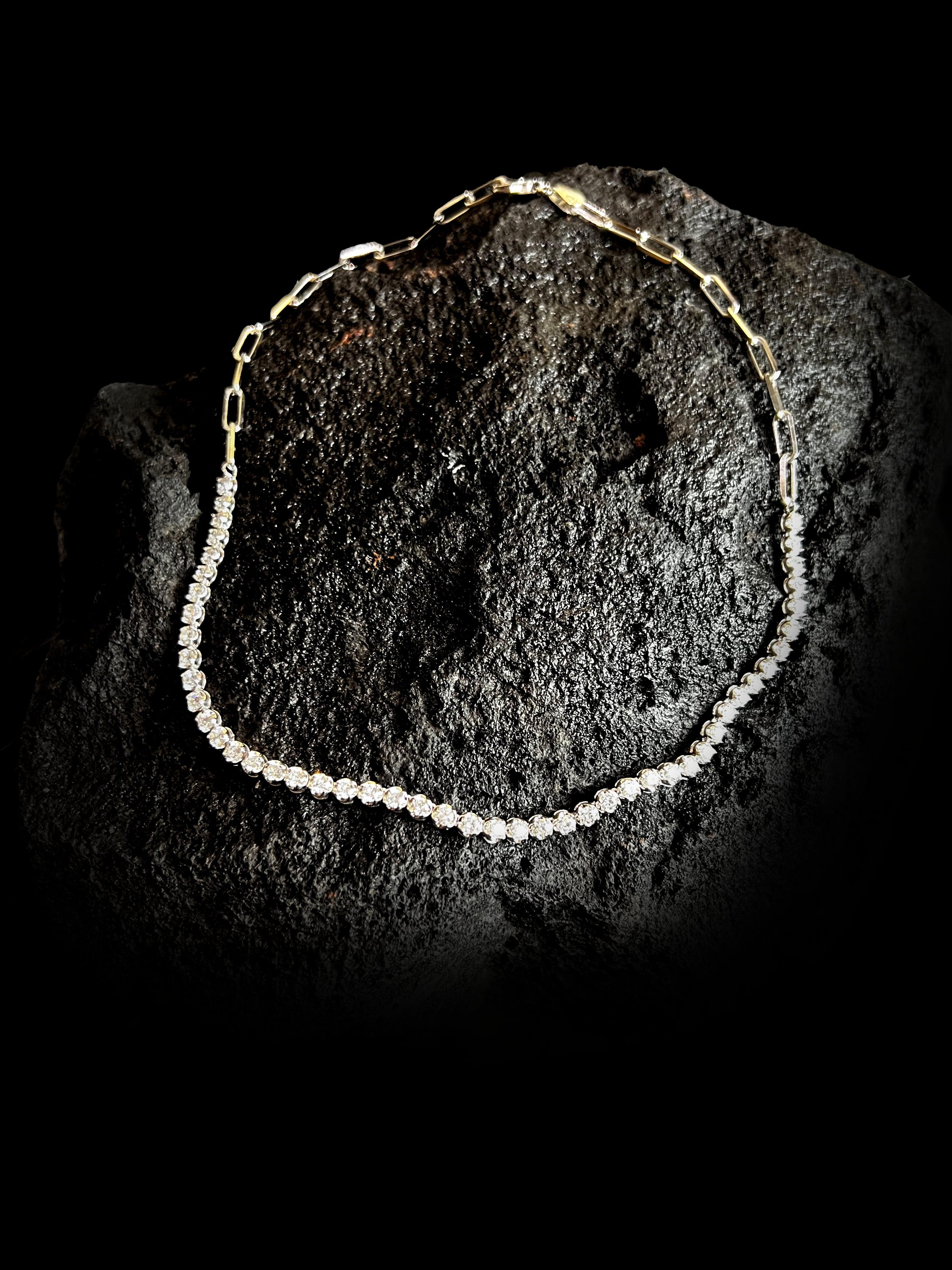 Women's Minimalist Round Diamond 14K Yellow Gold Tennis Necklace For Sale