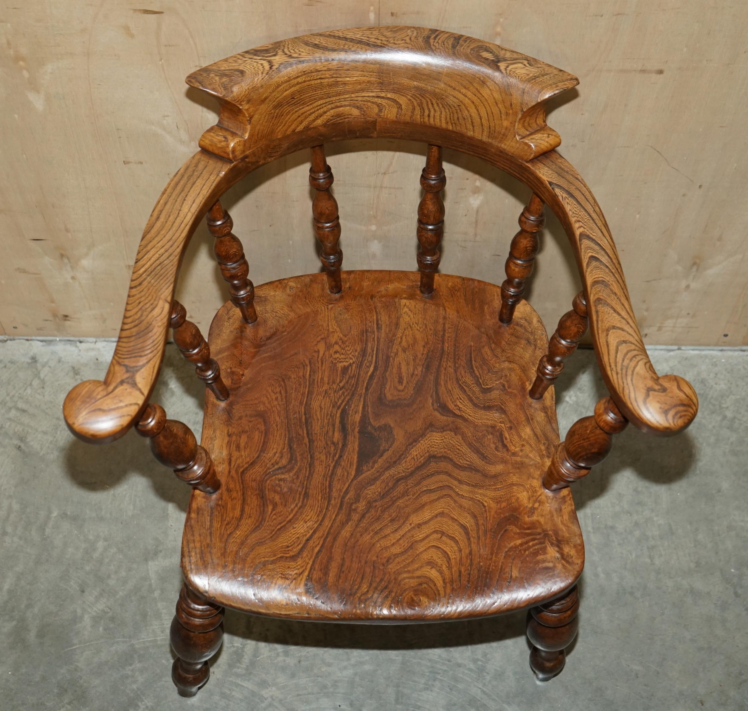 Stunning Patina Antique Edwardian Sold Elm Bow Back Smokers Captains Armchair For Sale 6