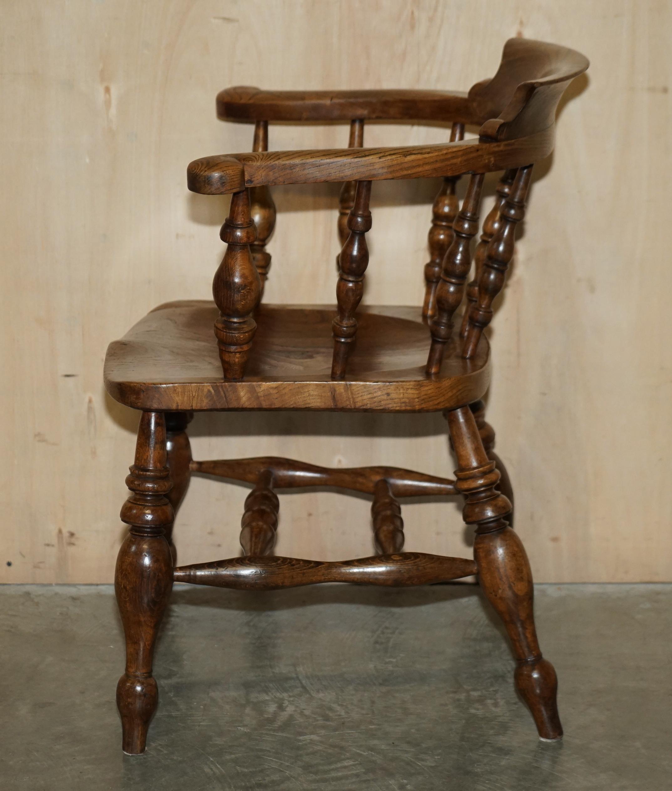 Stunning Patina Antique Edwardian Sold Elm Bow Back Smokers Captains Armchair For Sale 10