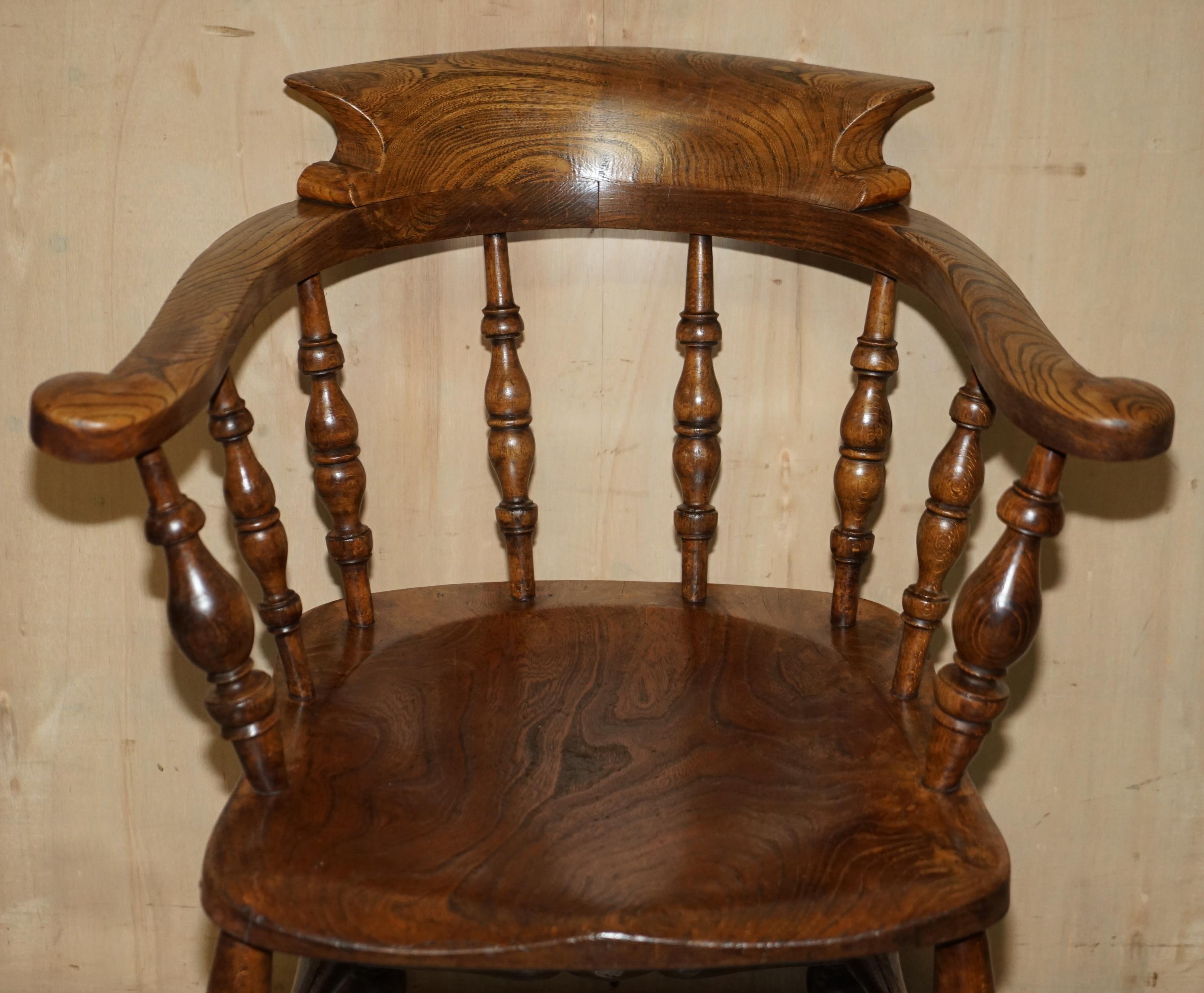 English Stunning Patina Antique Edwardian Sold Elm Bow Back Smokers Captains Armchair For Sale