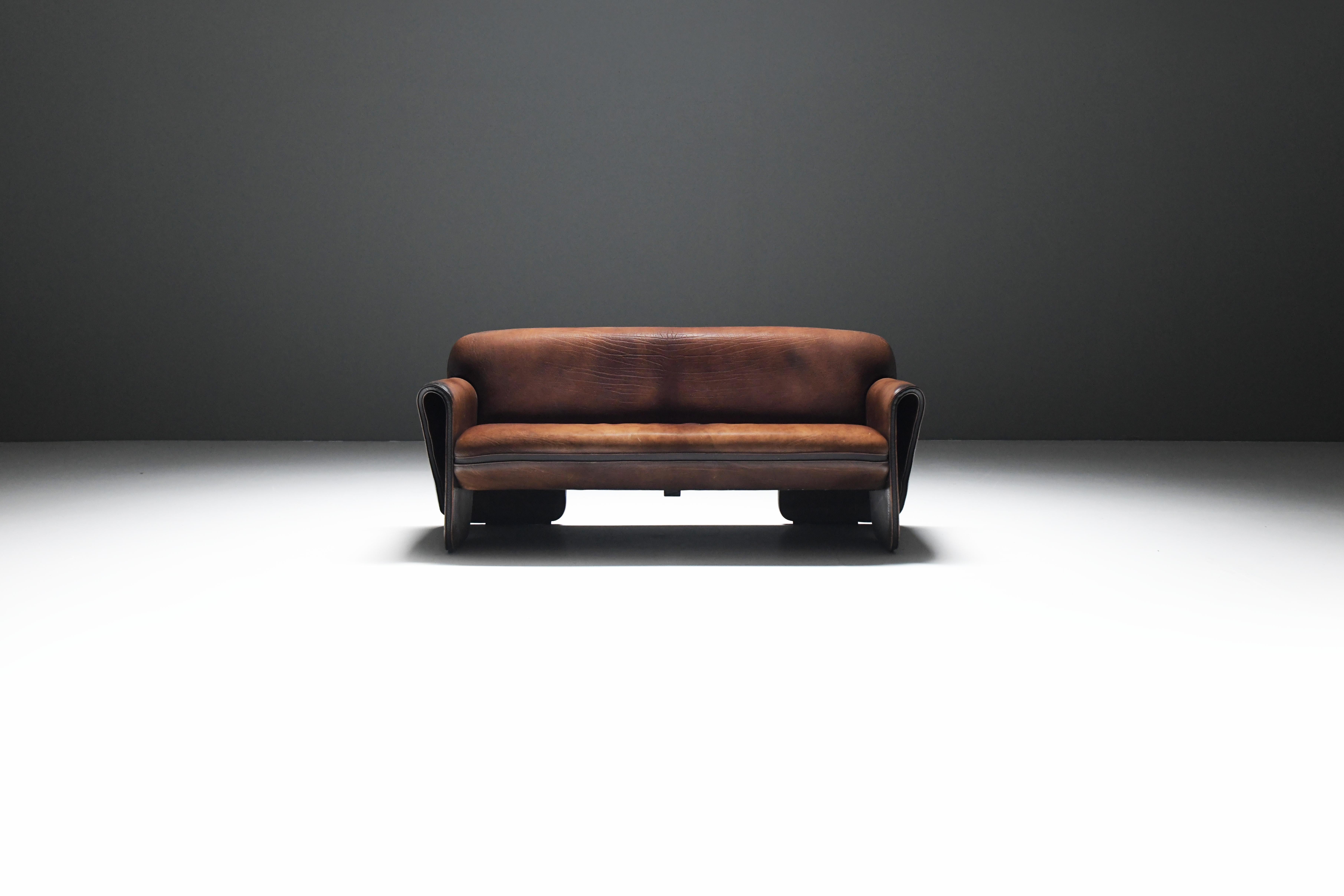 Stylish DS-125 sofa in his original thick brown buffalo leather! What a patina!
Designed by Gerd Lange for De Sede in 1970

The sculptural design in combination with the high quality leather gives the sofa a very royal & luxurious feeling.  Easy to