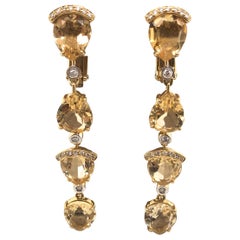 Stunning Pear Shaped Citrine and Diamond Earrings Set in 18 Karat Yellow Gold