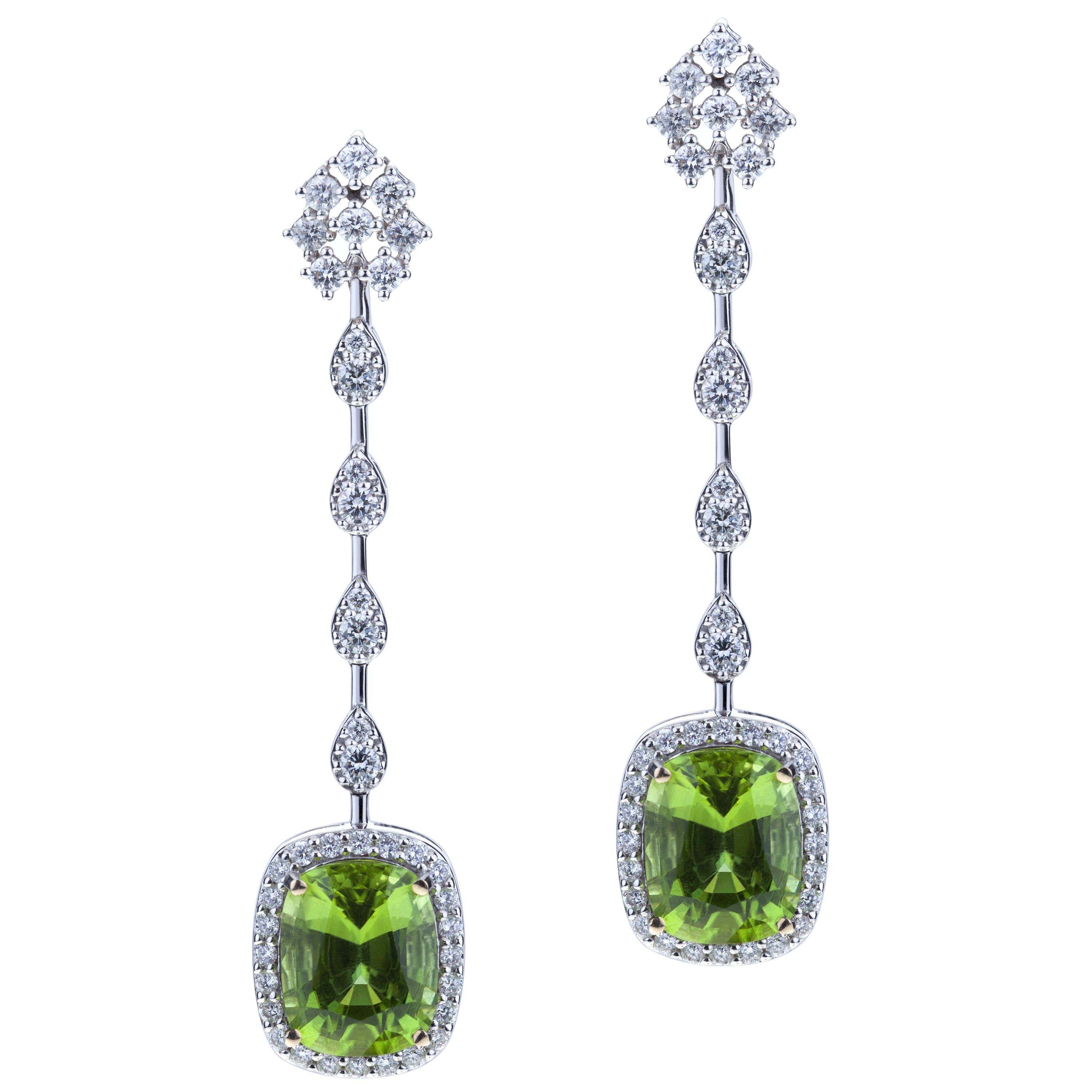 Stunning Peridot Pair for Classic Style 18kt Earrings w Baguette Round Diamonds For Sale