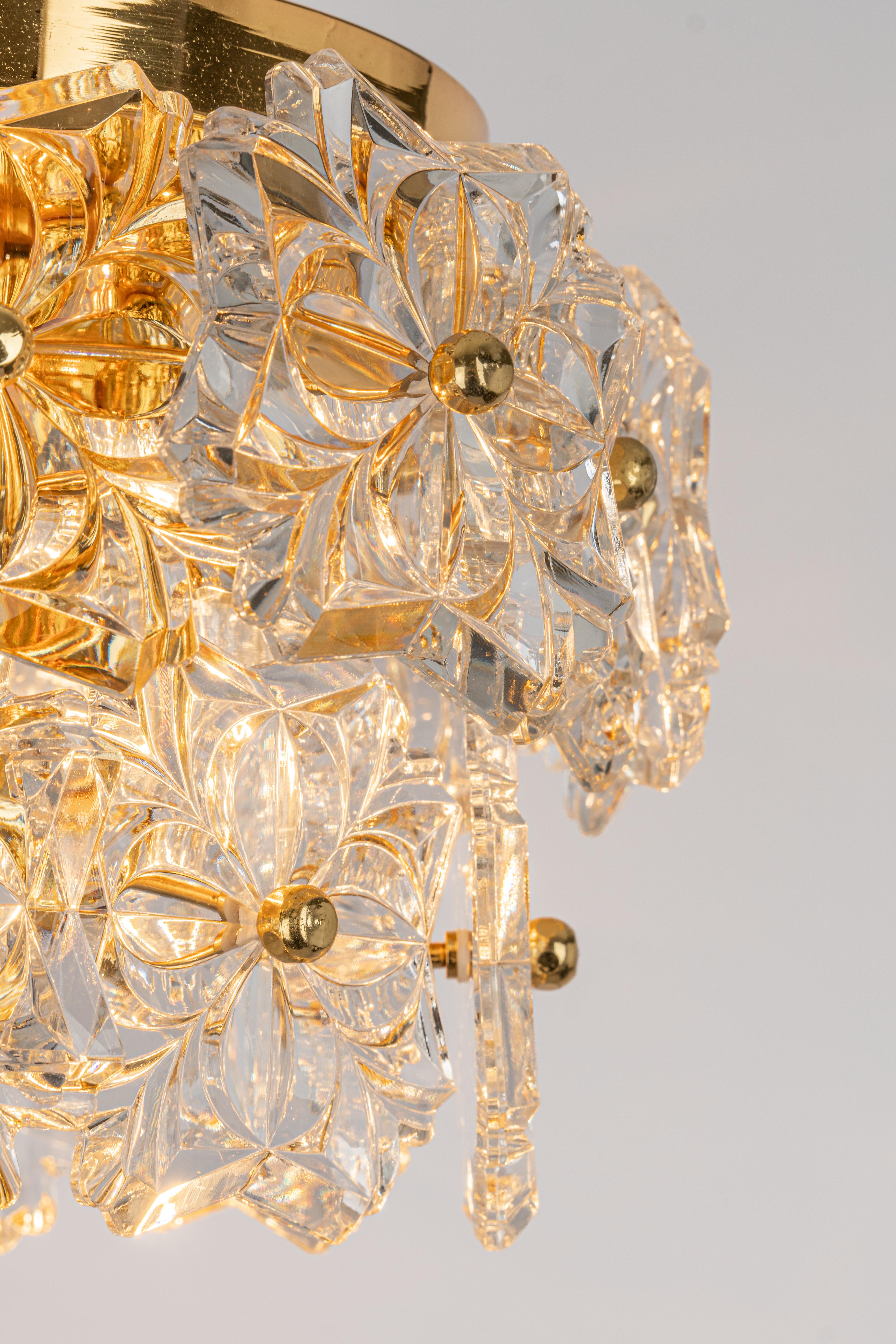 Stunning Petite Flush Mount, Brass and Crystal Glass by Sölken, Germany, 1970s For Sale 4