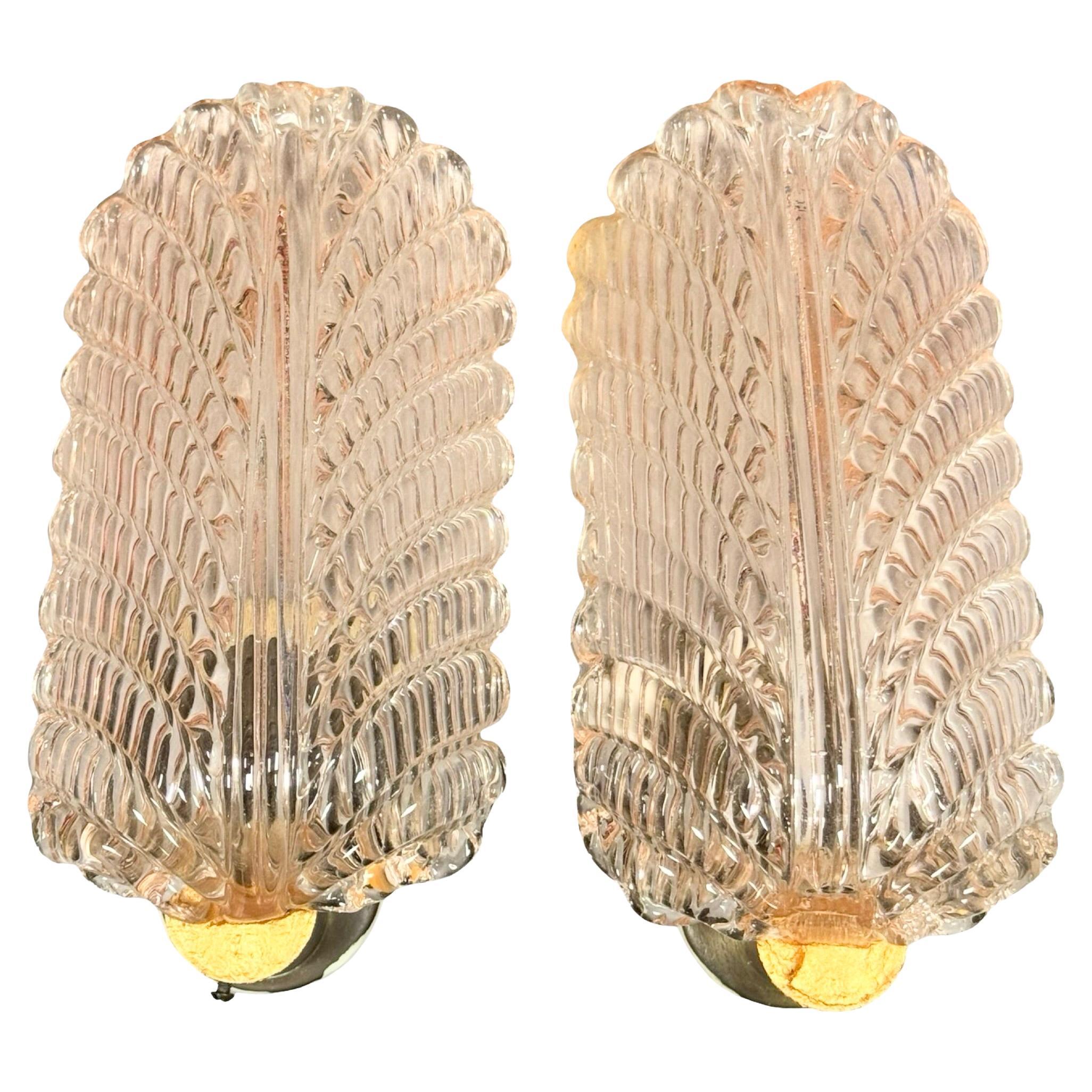 Stunning Petite Midcentury Pair of light Pink Murano Glass Leaf Sconces