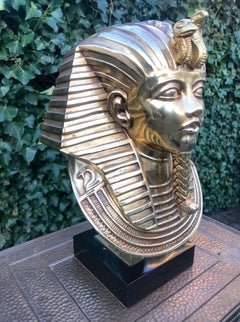 Stunning Pharaoh Toetanchamon Golden Coated Brass Bust Sculpture on Marble Base
