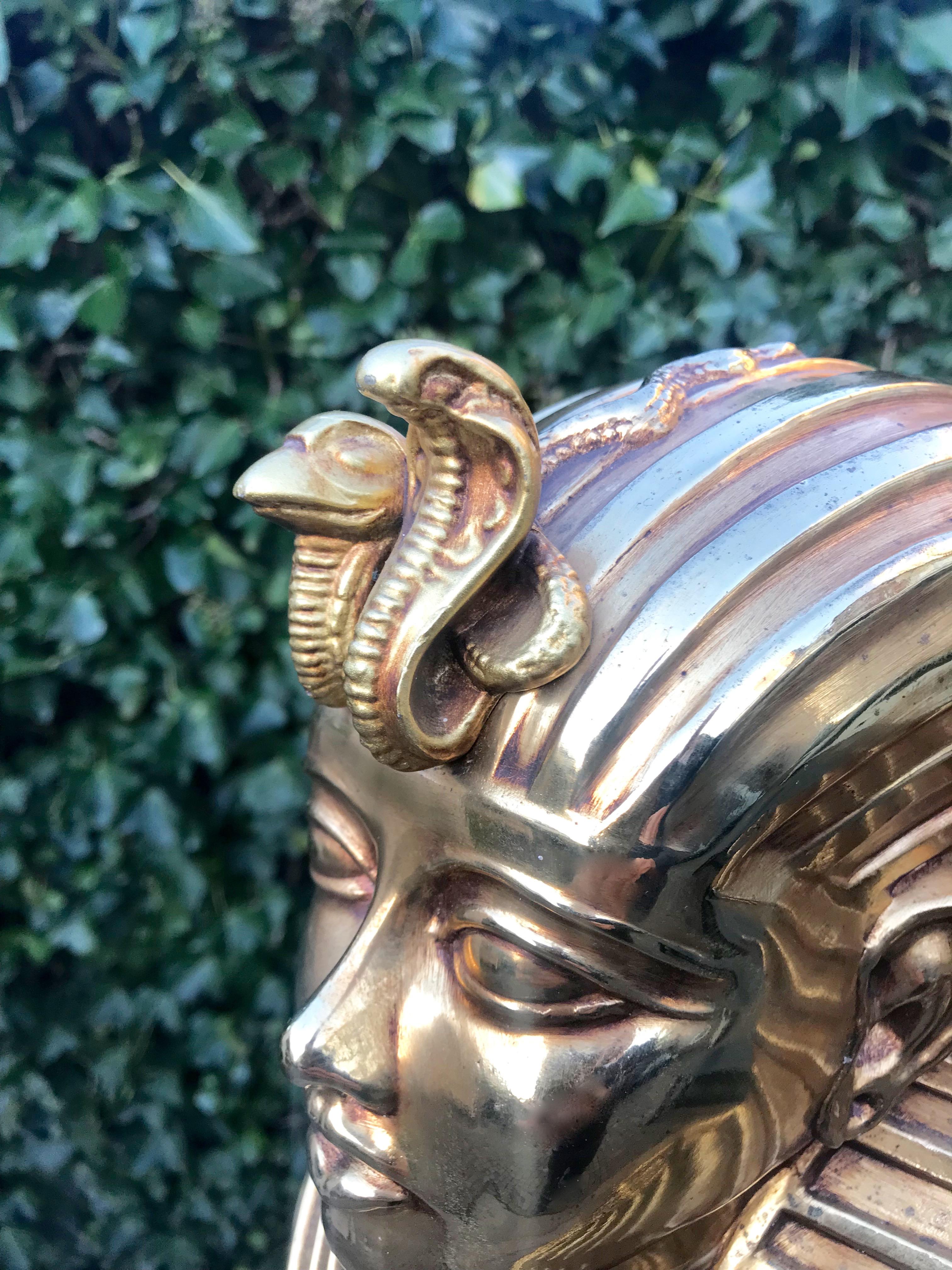 Egyptian Stunning Pharaoh Toetanchamon Golden Coated Brass Bust Sculpture on Marble Base For Sale