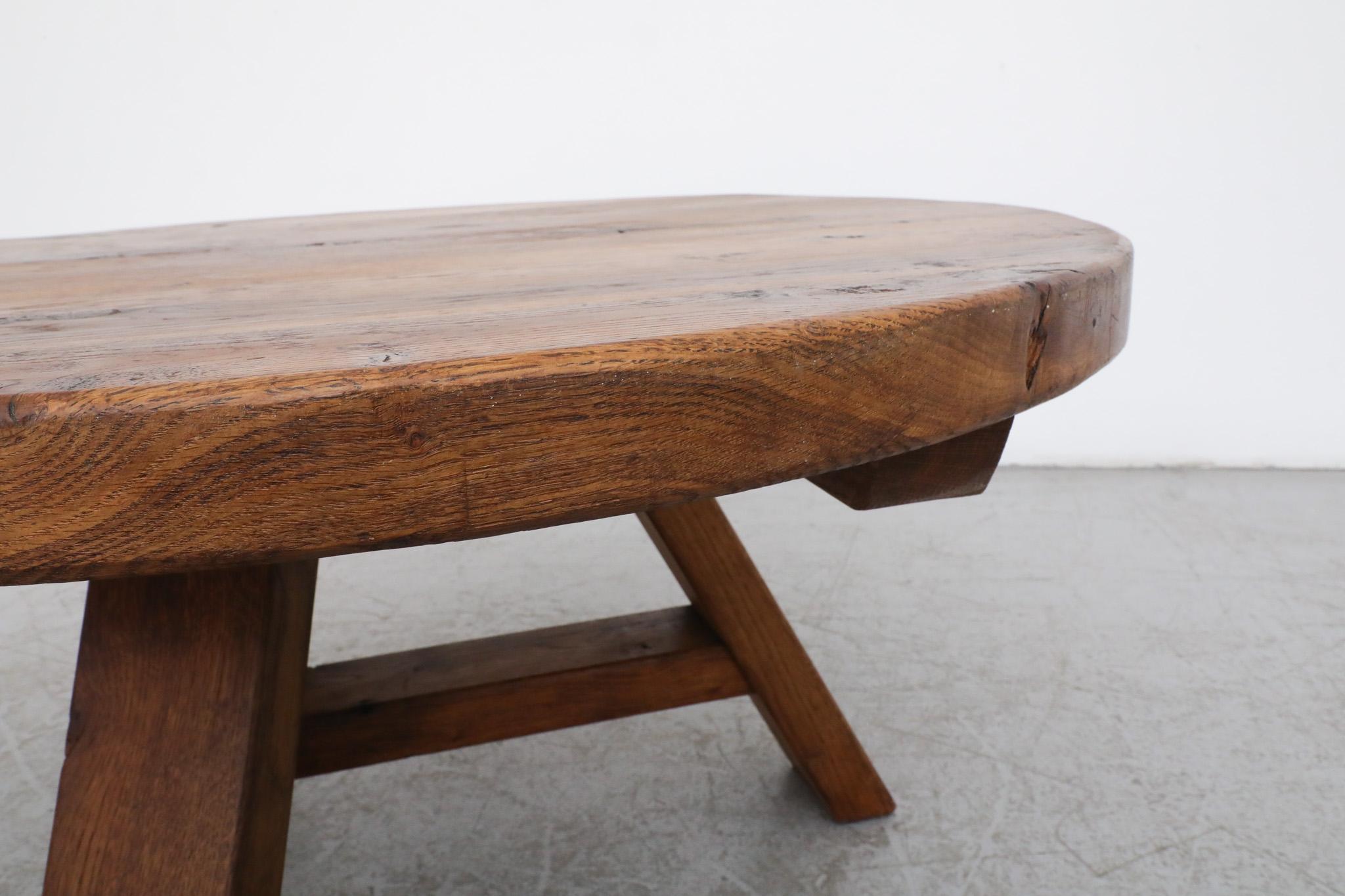 Stunning Pierre Chapo inspired Brutalist Round Oak Coffee Table with Trestle Bas 7