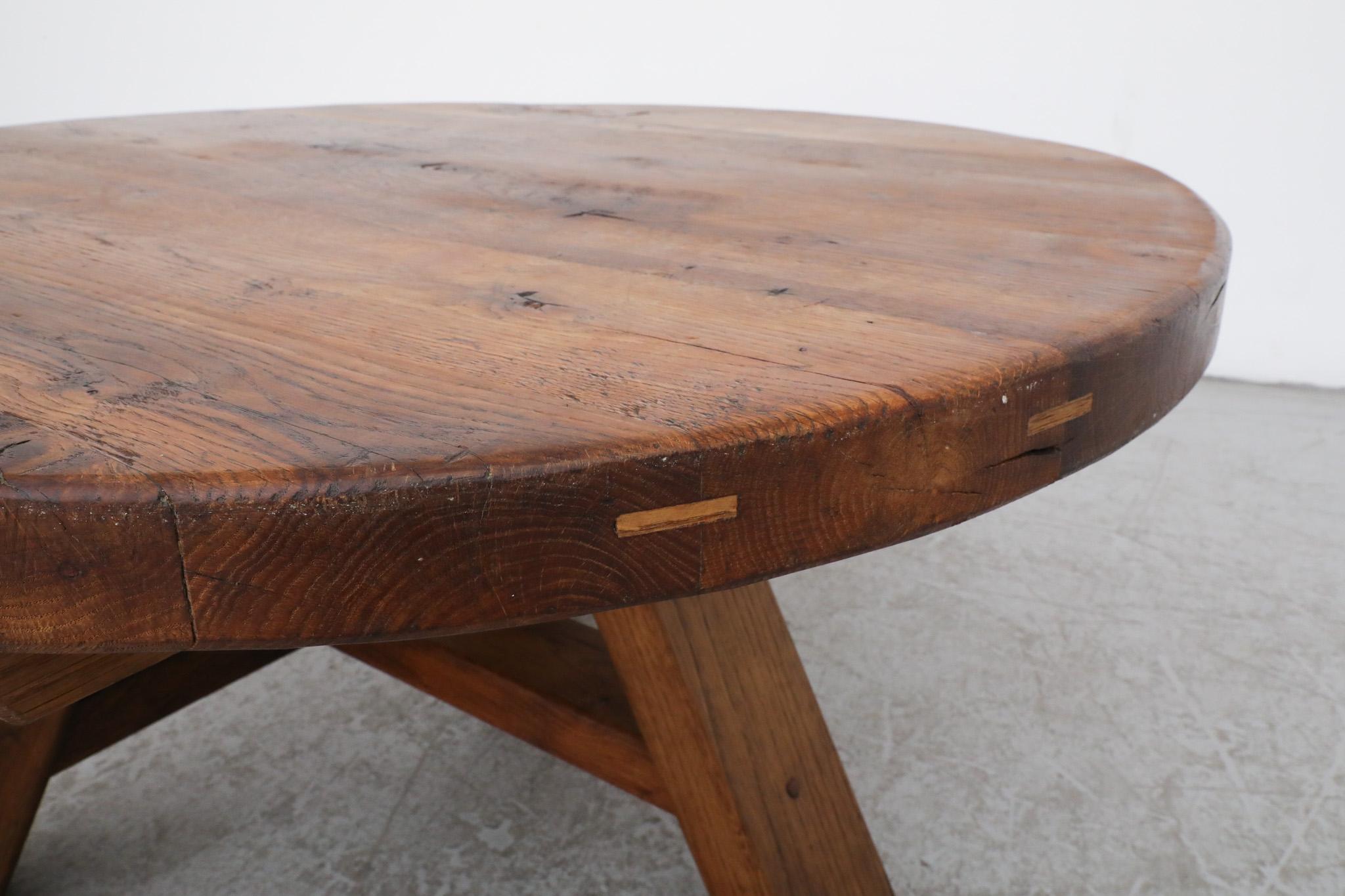 Stunning Pierre Chapo inspired Brutalist Round Oak Coffee Table with Trestle Bas 8