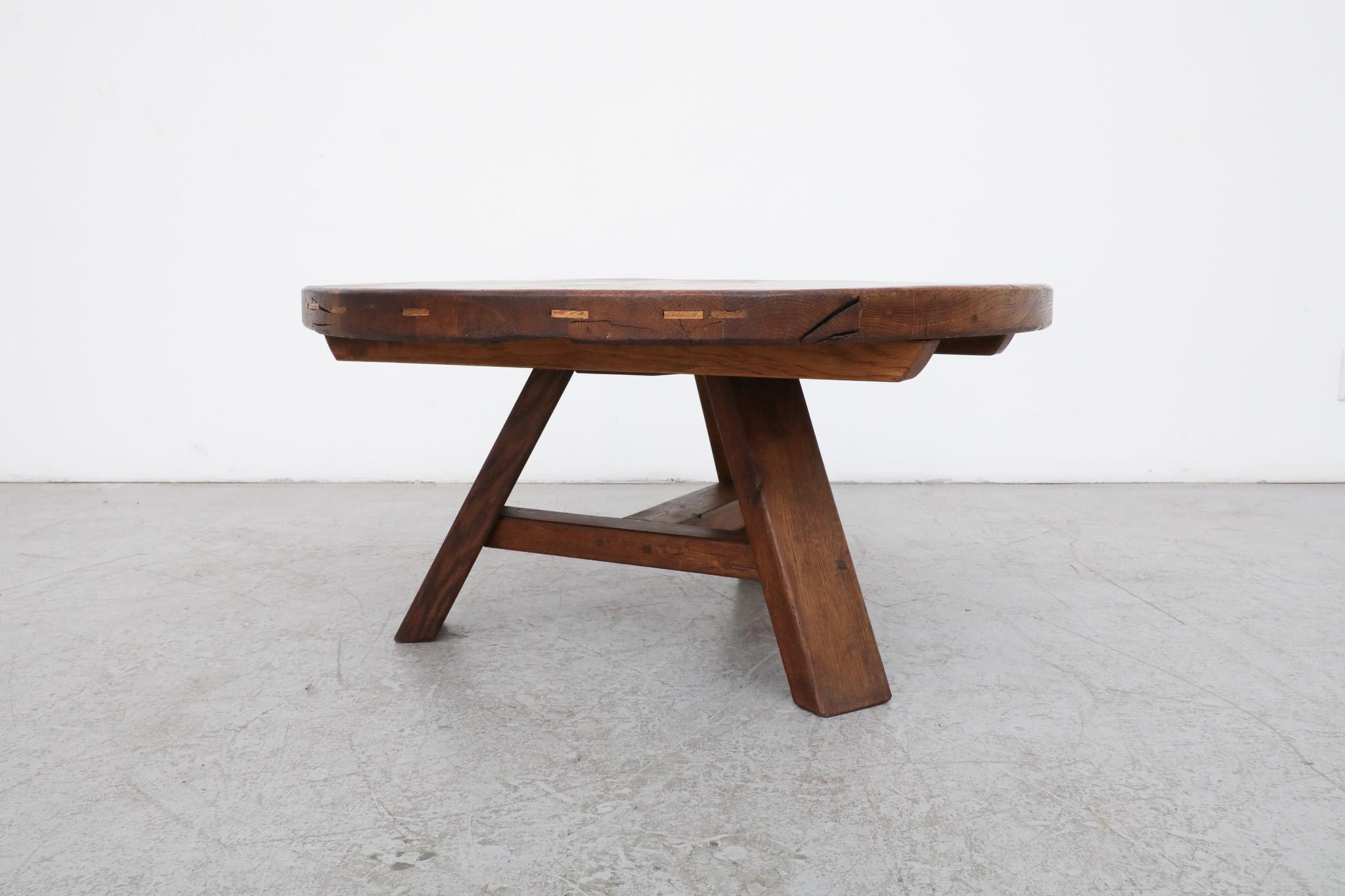 Dutch Stunning Pierre Chapo inspired Brutalist Round Oak Coffee Table with Trestle Bas