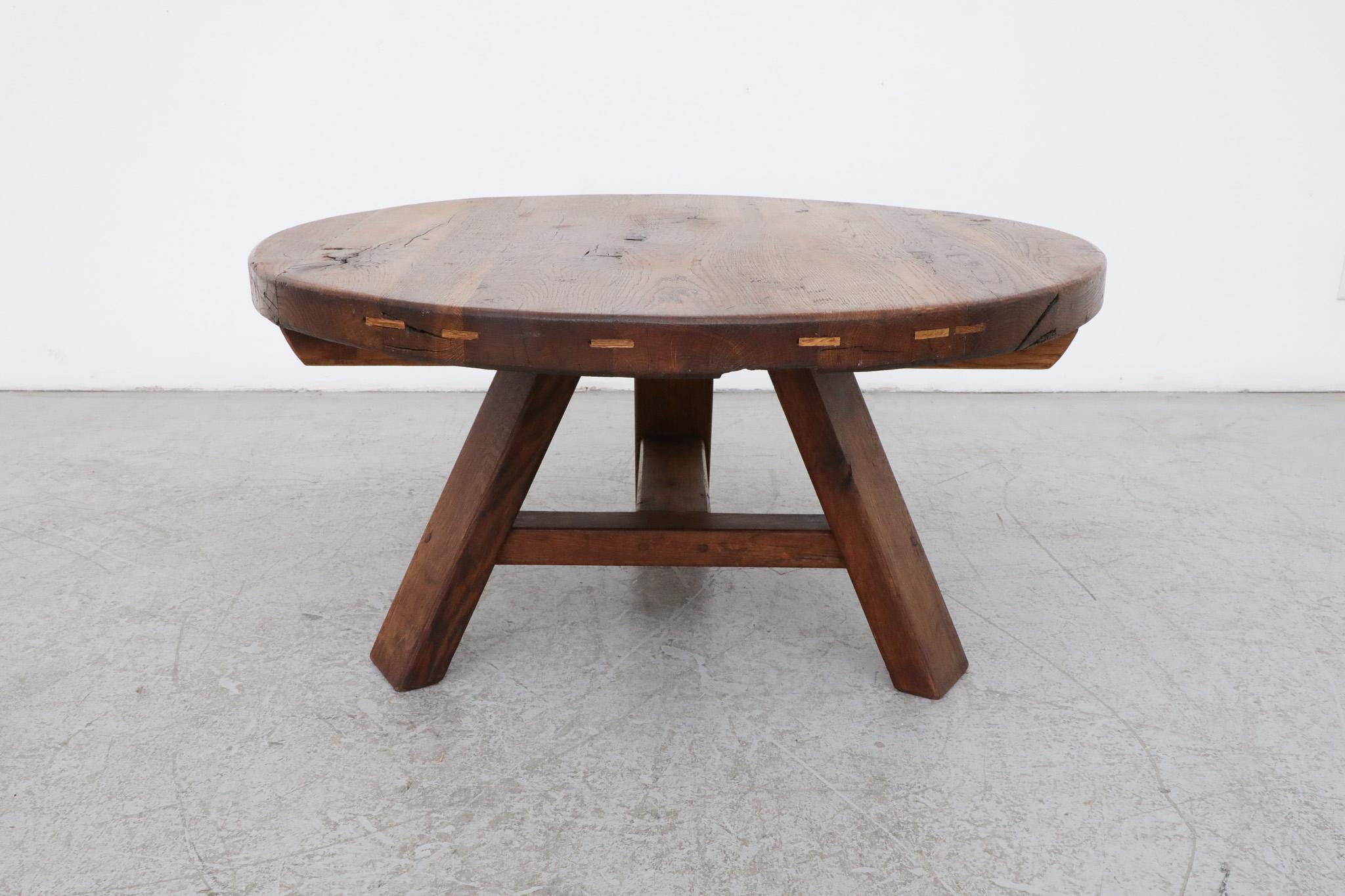 Stunning Pierre Chapo inspired Brutalist Round Oak Coffee Table with Trestle Bas In Good Condition In Los Angeles, CA