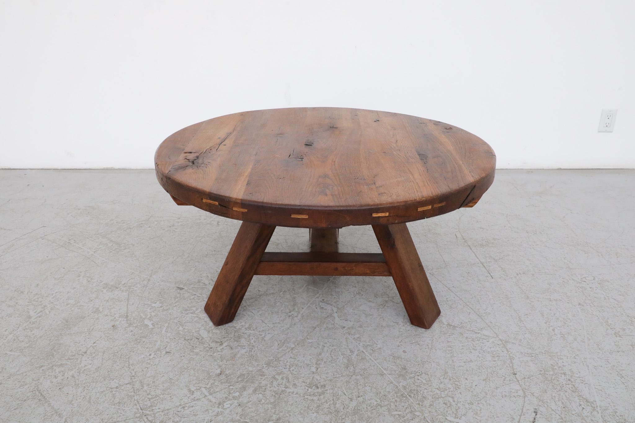 Mid-20th Century Stunning Pierre Chapo inspired Brutalist Round Oak Coffee Table with Trestle Bas