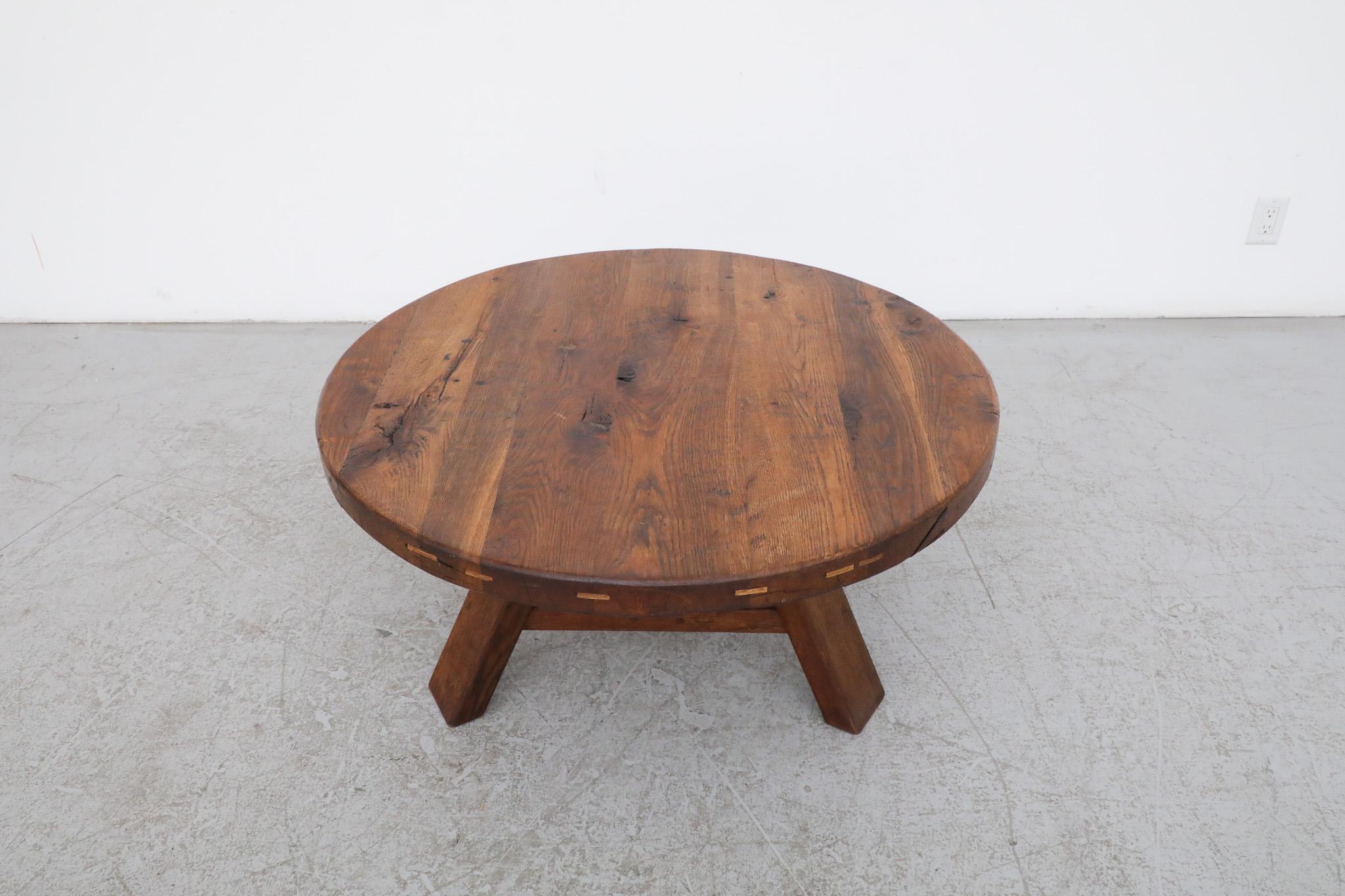 Stunning Pierre Chapo inspired Brutalist Round Oak Coffee Table with Trestle Bas 1