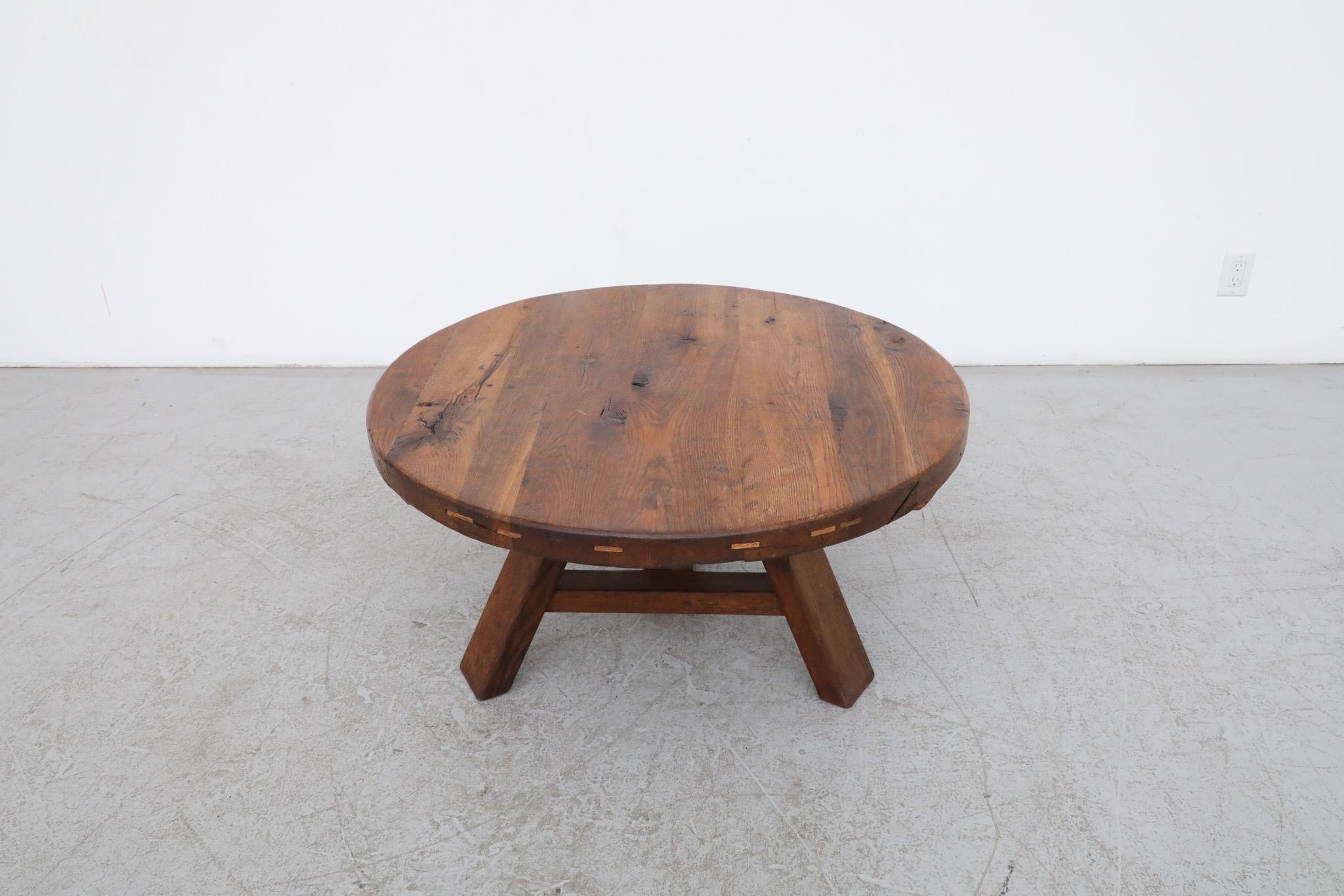 Stunning Pierre Chapo inspired Brutalist Round Oak Coffee Table with Trestle Bas 2
