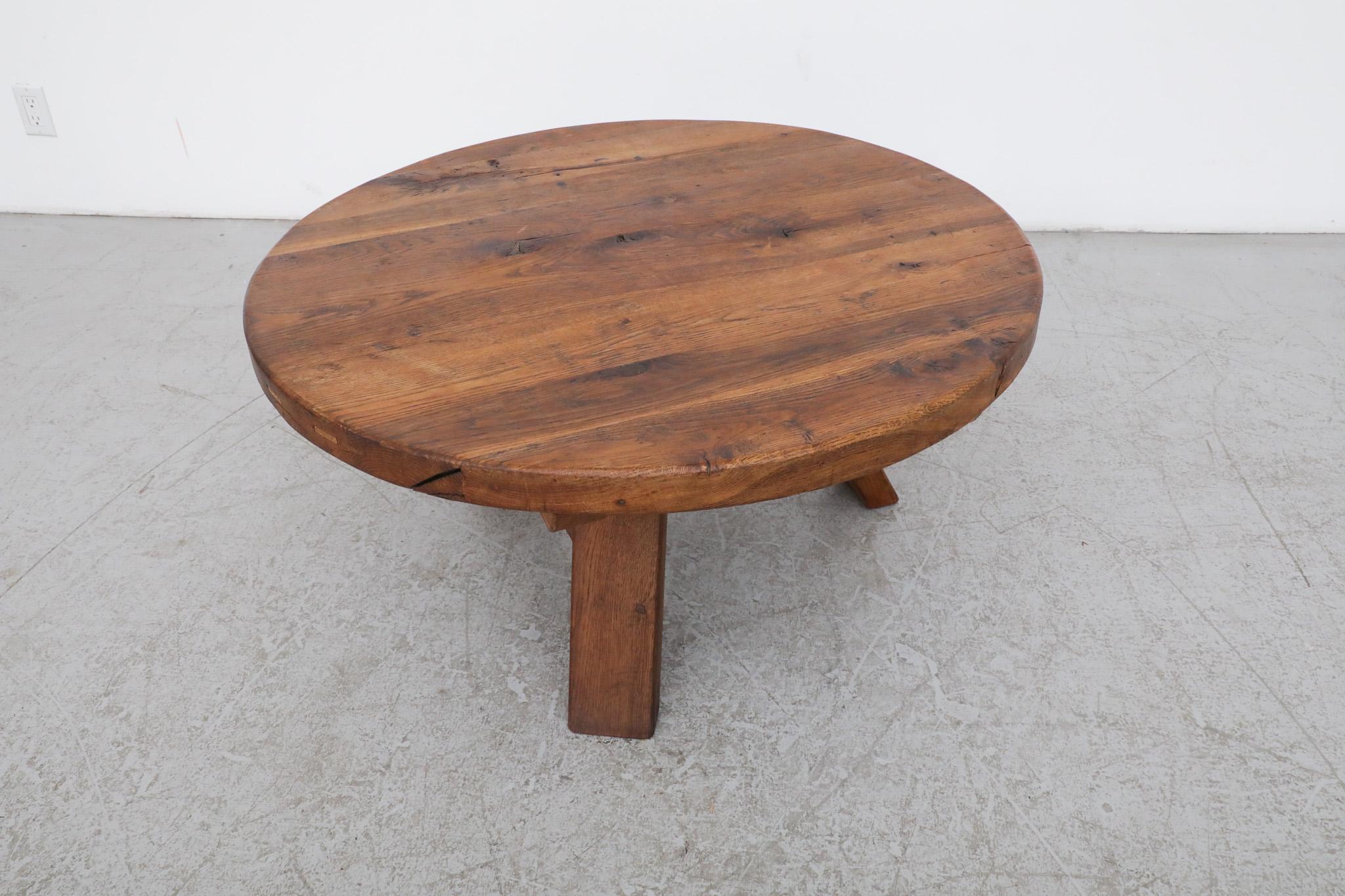 Stunning Pierre Chapo inspired Brutalist Round Oak Coffee Table with Trestle Bas 3