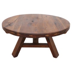 Stunning Pierre Chapo inspired Brutalist Round Oak Coffee Table with Trestle Bas