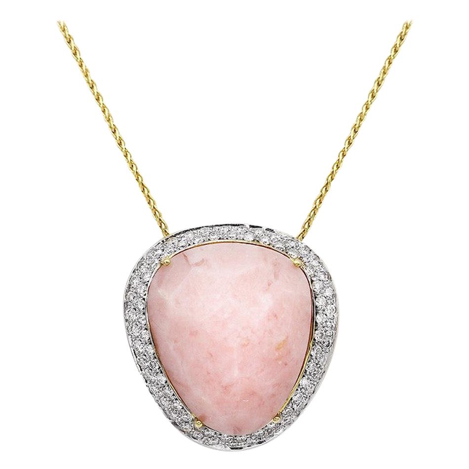 Superbe collier pendentif élégant en or jaune 18 carats avec quartz rose et diamants blancs